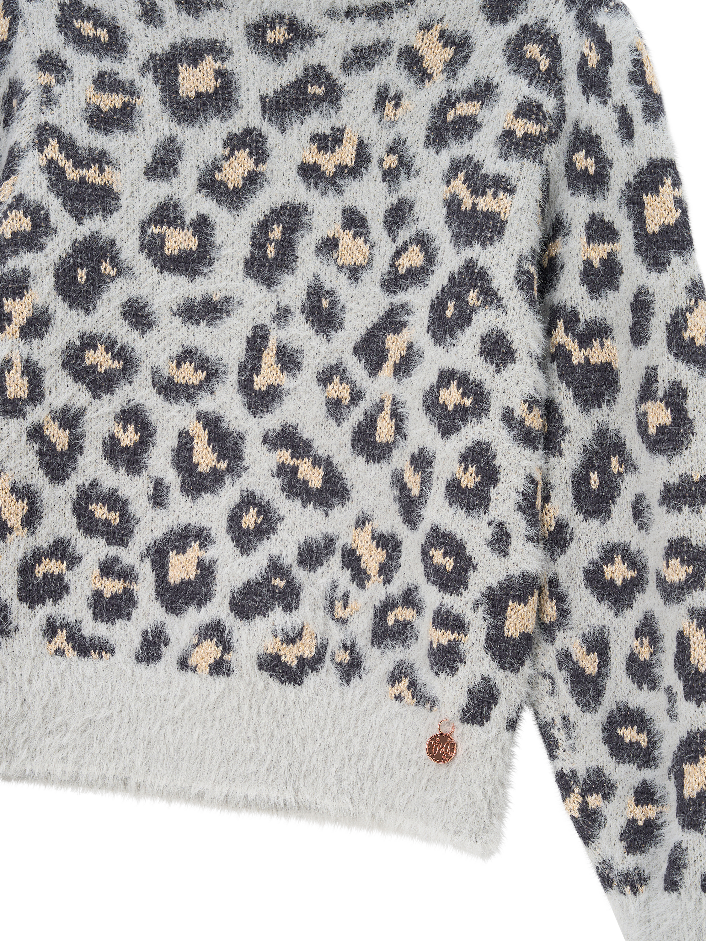 Product image 7 of 7, which shows Angel & Rocket Kids' Leopard Print Eyelash Knit Jumper, Grey, 3-4 years