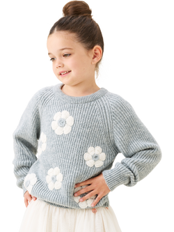 Angel & Rocket Kids' Embroidered Flower Jumper, Grey Marl, Grey Marl