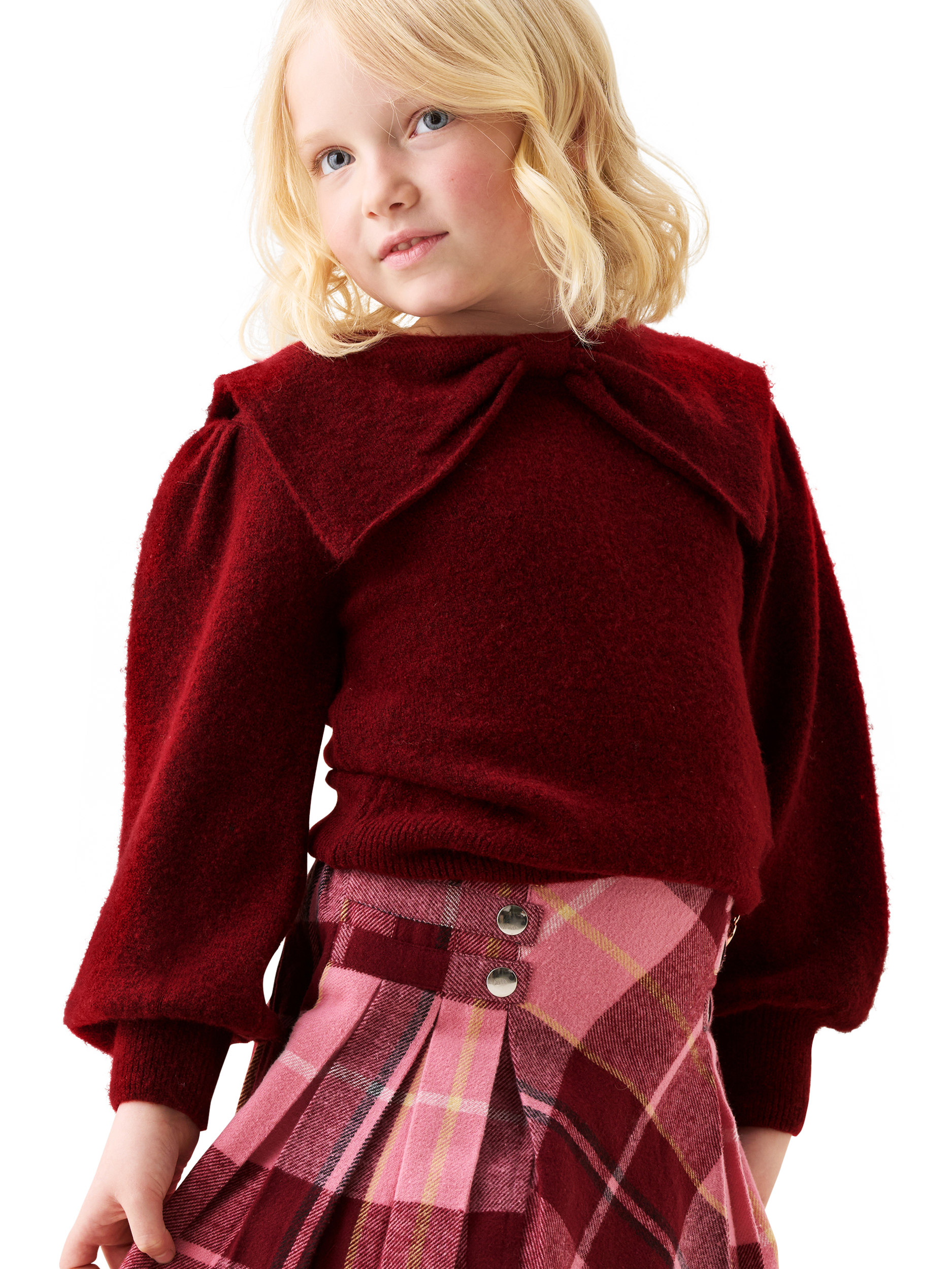 Product image 1 of 7, which shows Angel & Rocket Kids' Bow Collar Jumper, Burgundy, 3-4 years