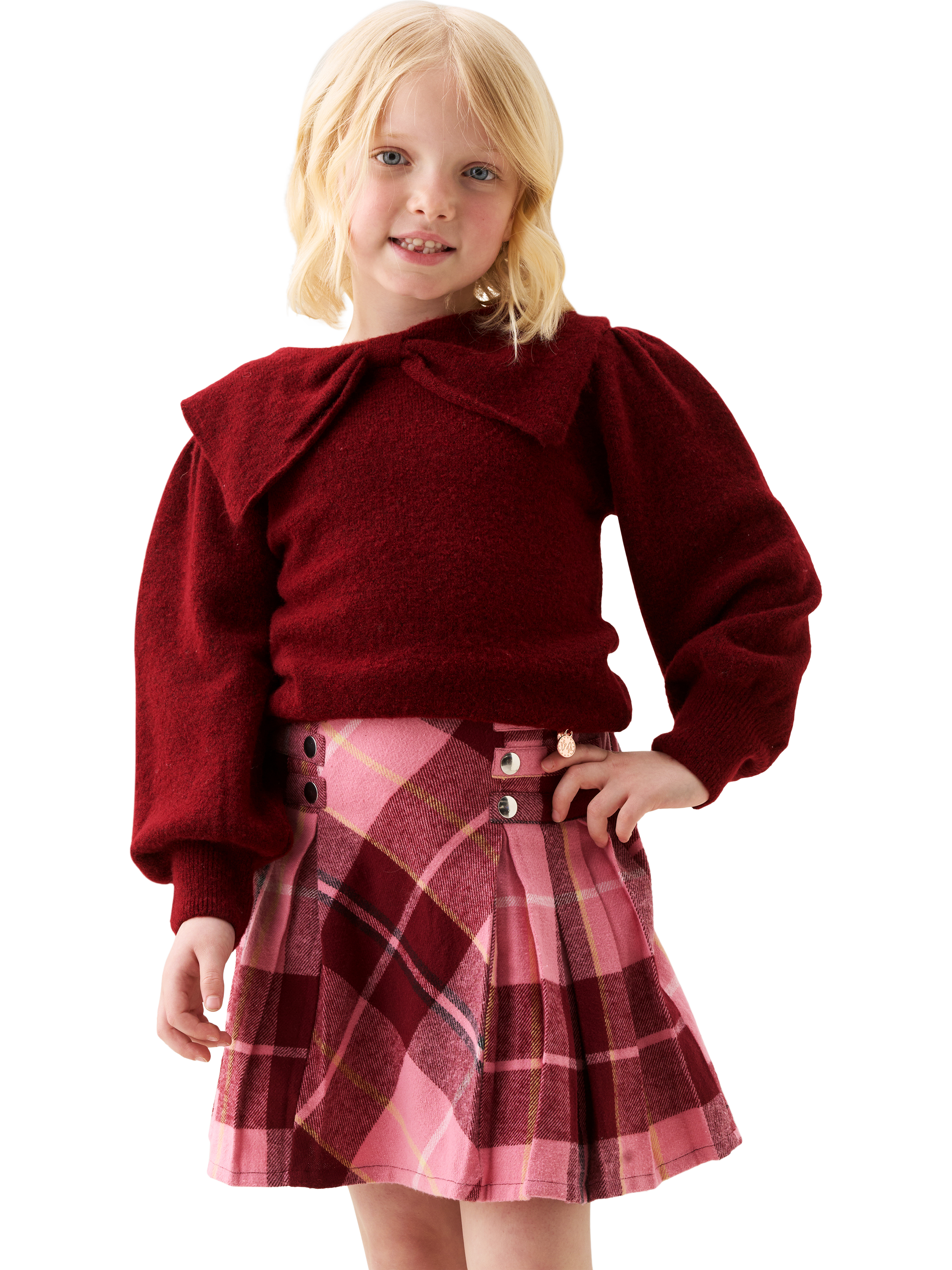 Product image 2 of 7, which shows Angel & Rocket Kids' Bow Collar Jumper, Burgundy, 3-4 years