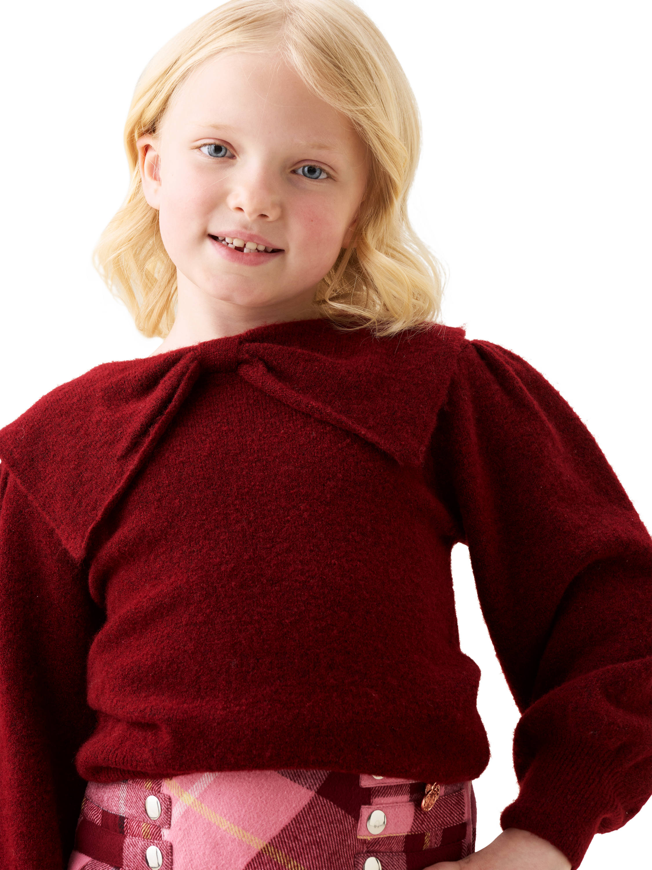Product image 4 of 7, which shows Angel & Rocket Kids' Bow Collar Jumper, Burgundy, 3-4 years