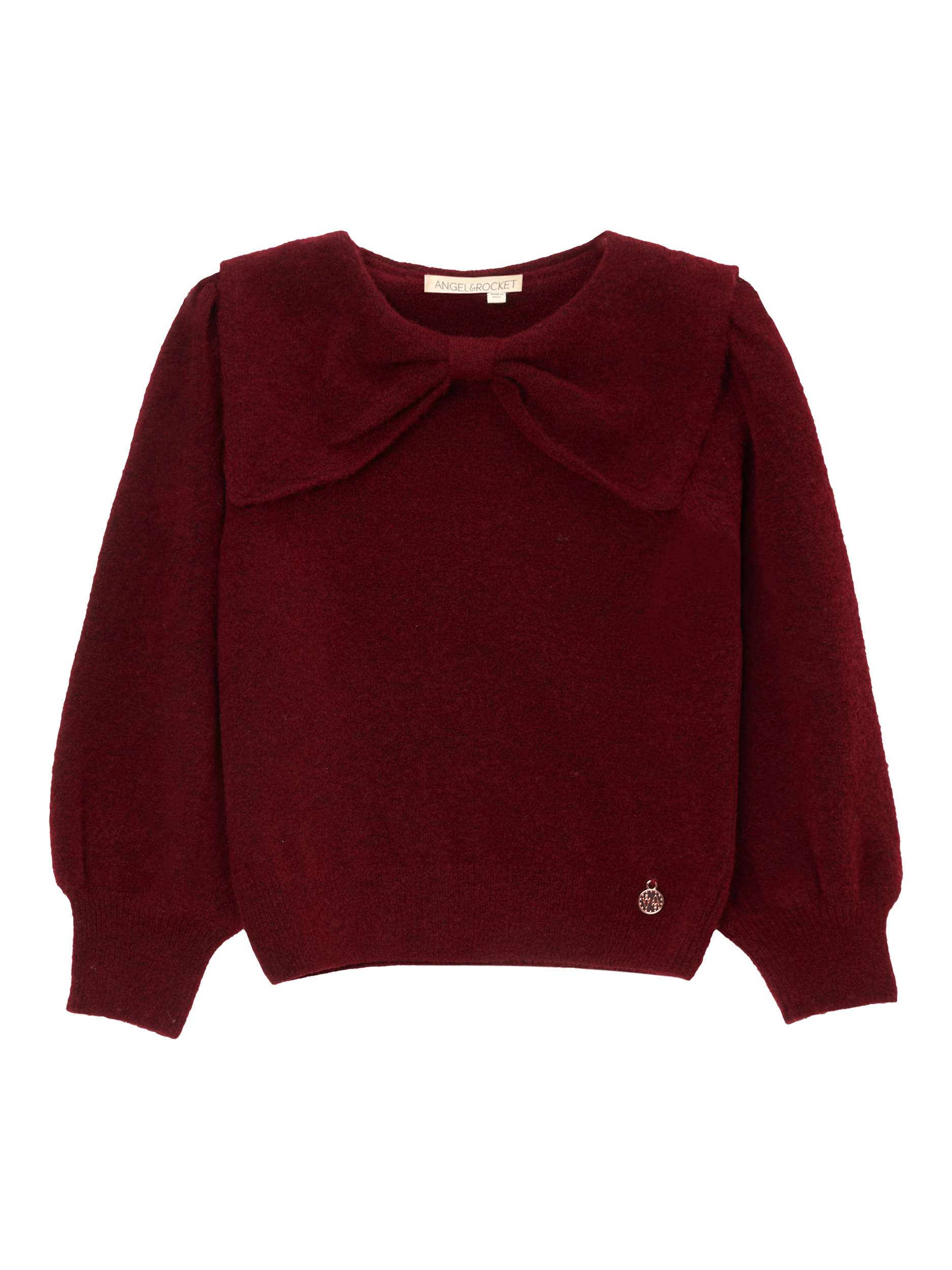 Product image 5 of 7, which shows Angel & Rocket Kids' Bow Collar Jumper, Burgundy, 3-4 years
