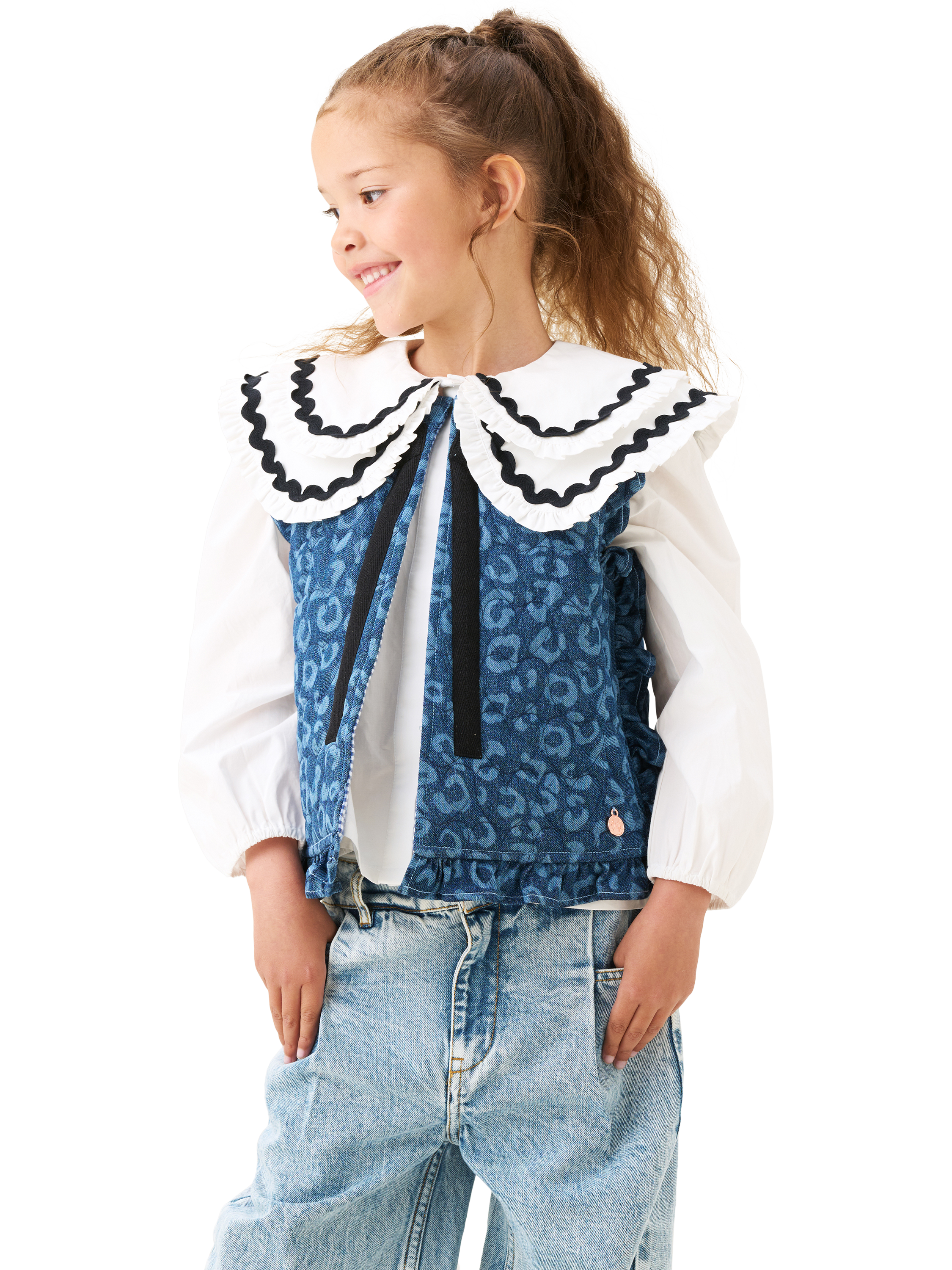 Product image 1 of 7, which shows Angel & Rocket Kids' Leo Denim Gilet, Denim, 1 years