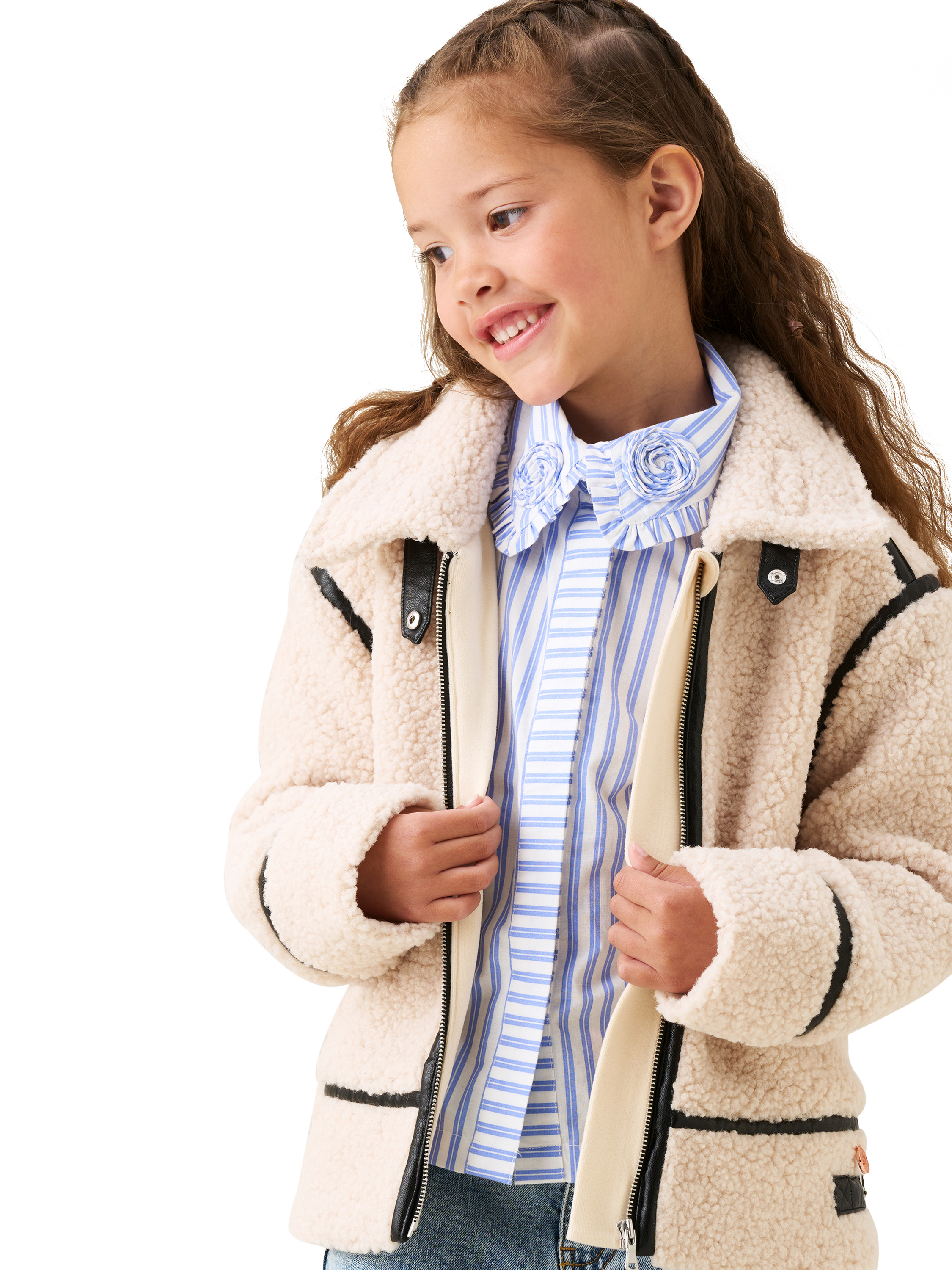 Product image 1 of 4, which shows Angel & Rocket Kids' Leather Trim Jacket, Cream, 3 years