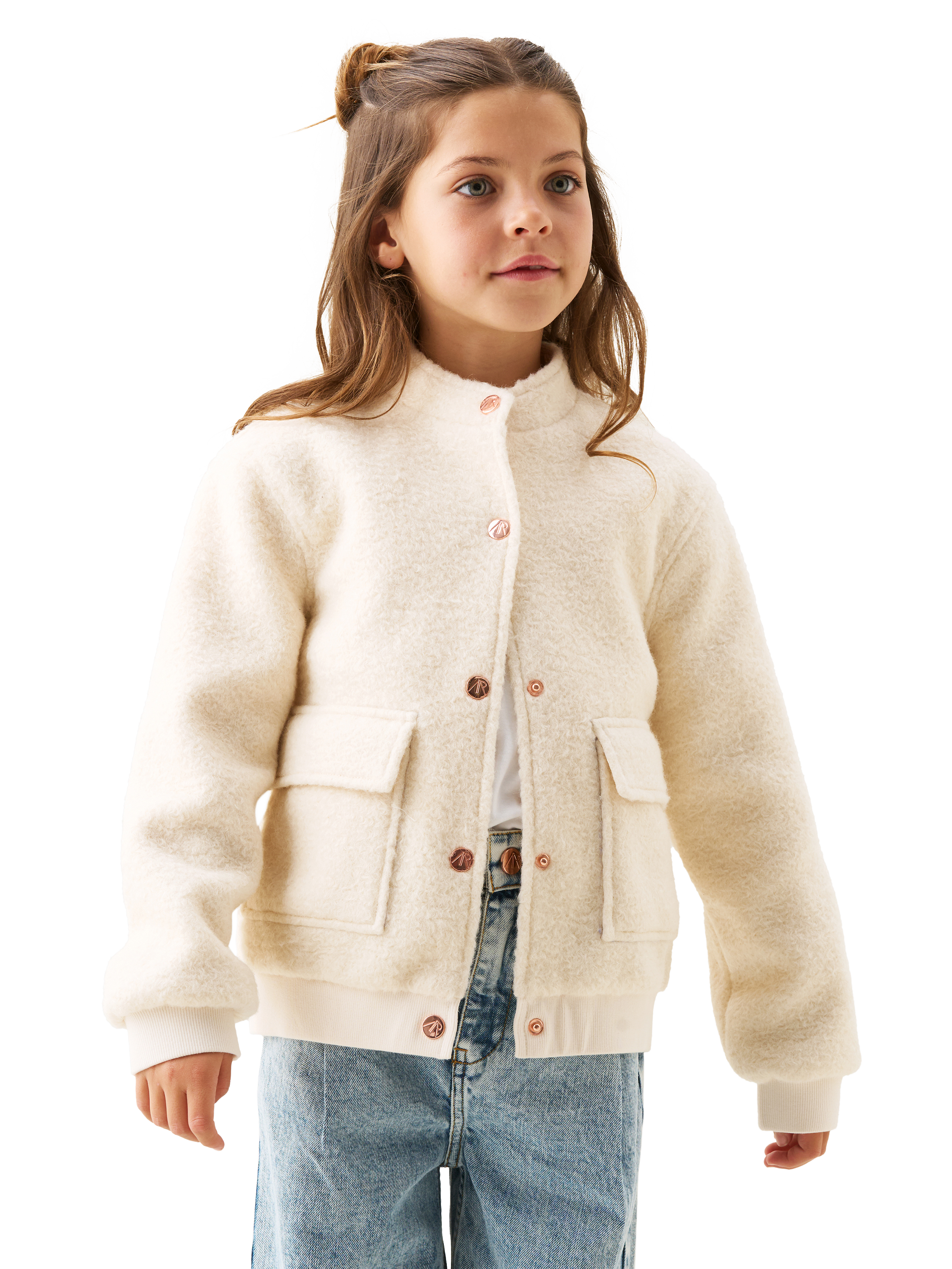 Product image 1 of 9, which shows Angel & Rocket Kids' Boucle Jacket, Cream, 3 years