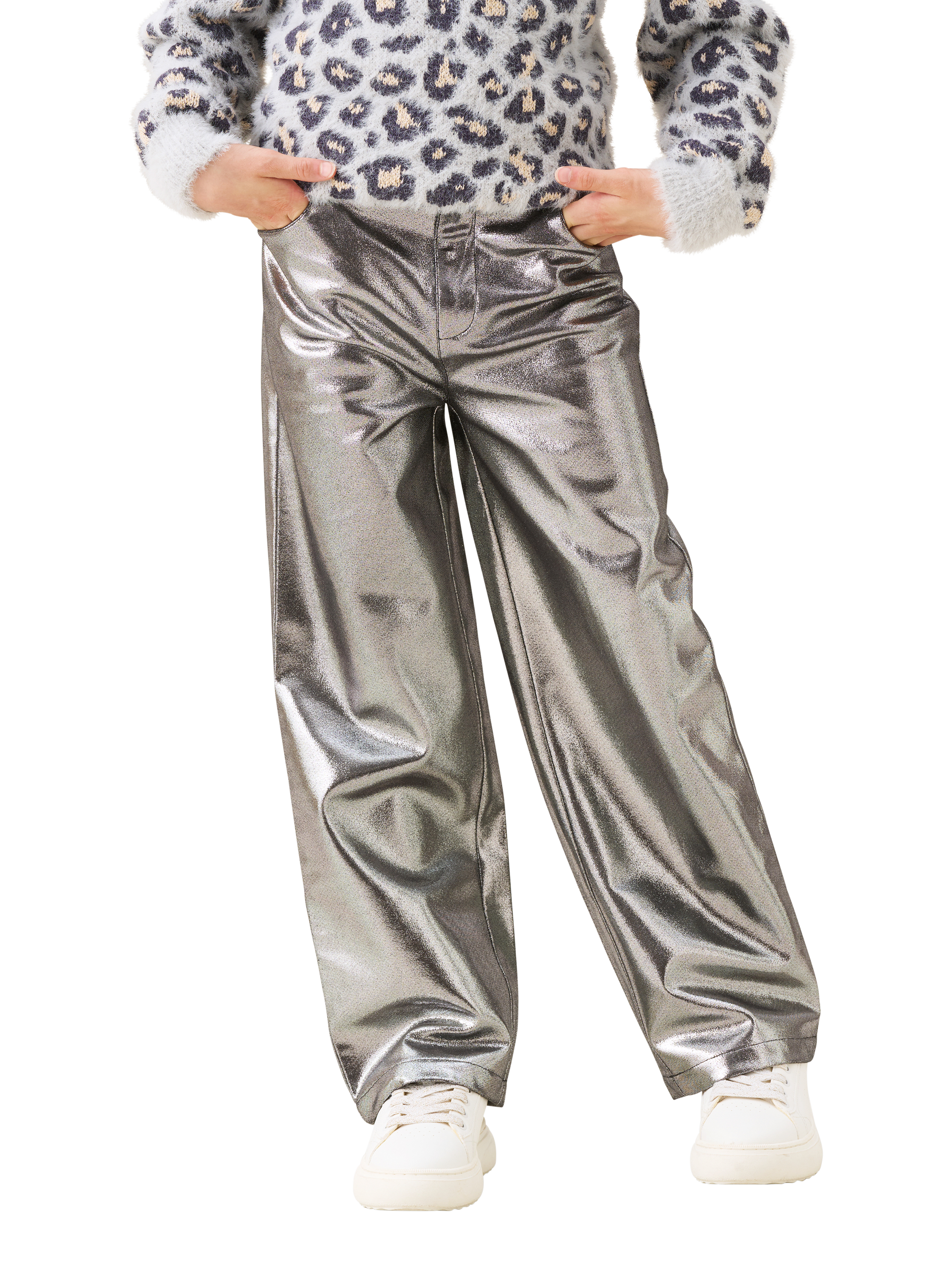 Product image 1 of 6, which shows Angel & Rocket Kids' Metallic Wide Leg Jeans, Silver, 3 years