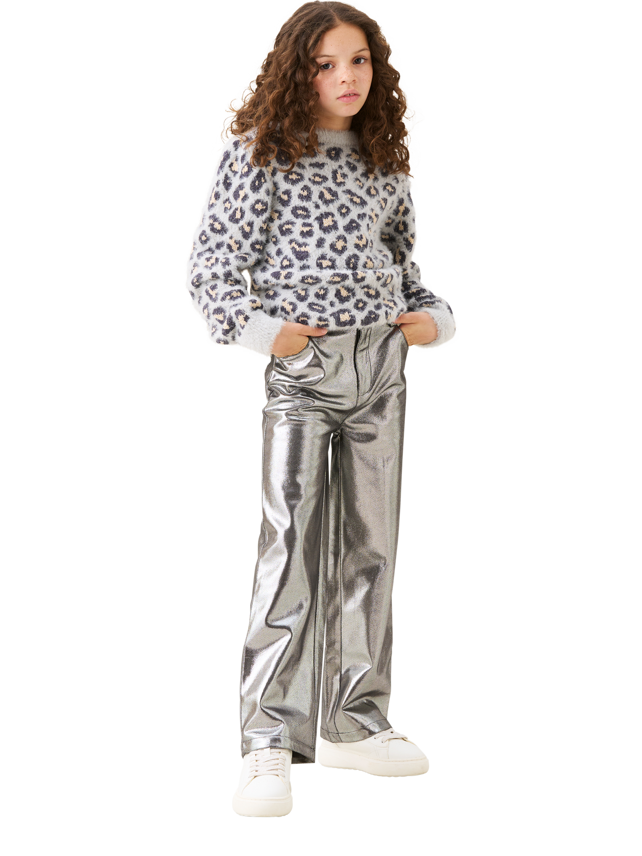 Product image 2 of 6, which shows Angel & Rocket Kids' Metallic Wide Leg Jeans, Silver, 3 years