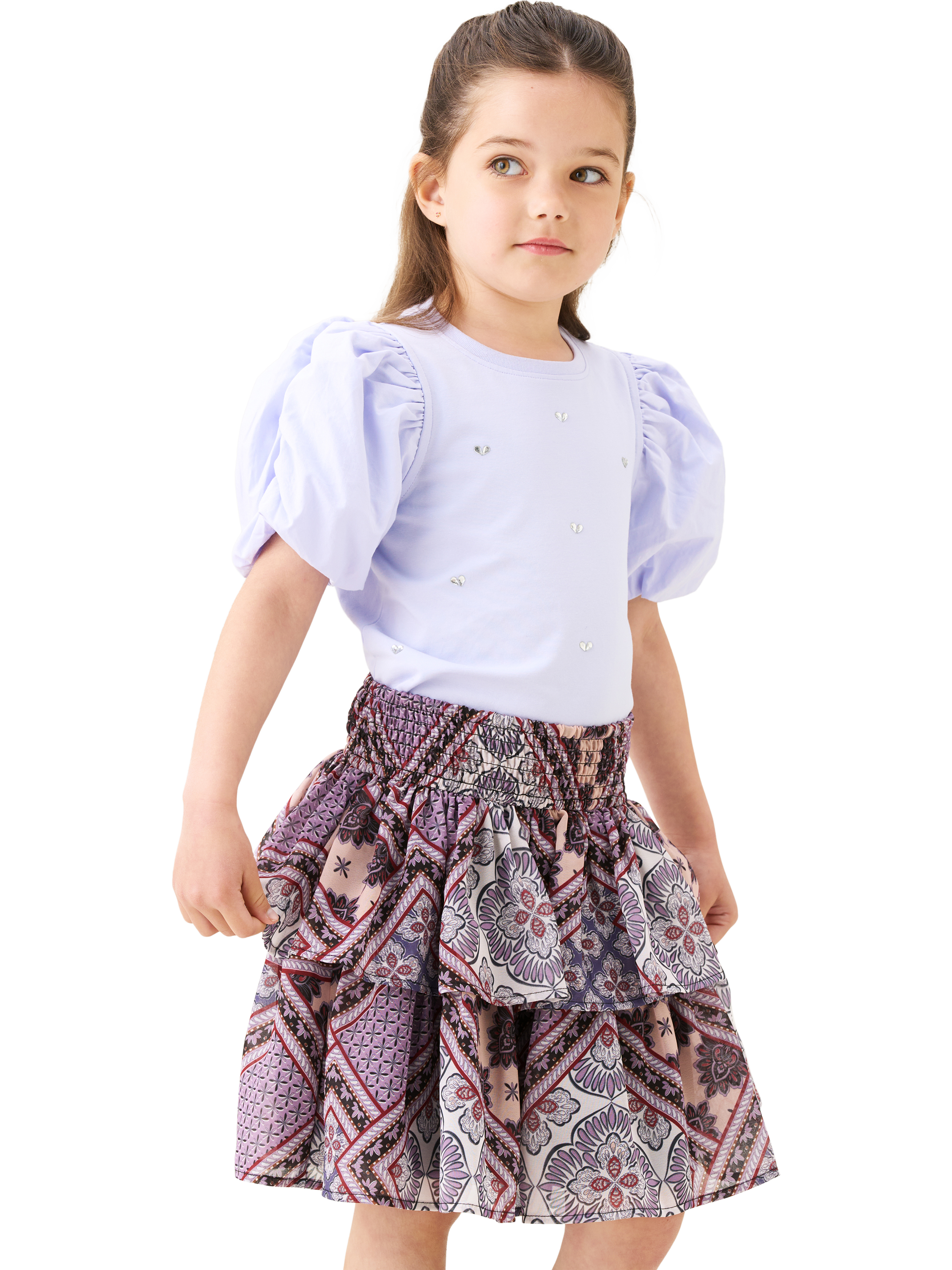 Product image 4 of 7, which shows Angel & Rocket Kids' Tiered Boho Skirt, Purple, 3 years