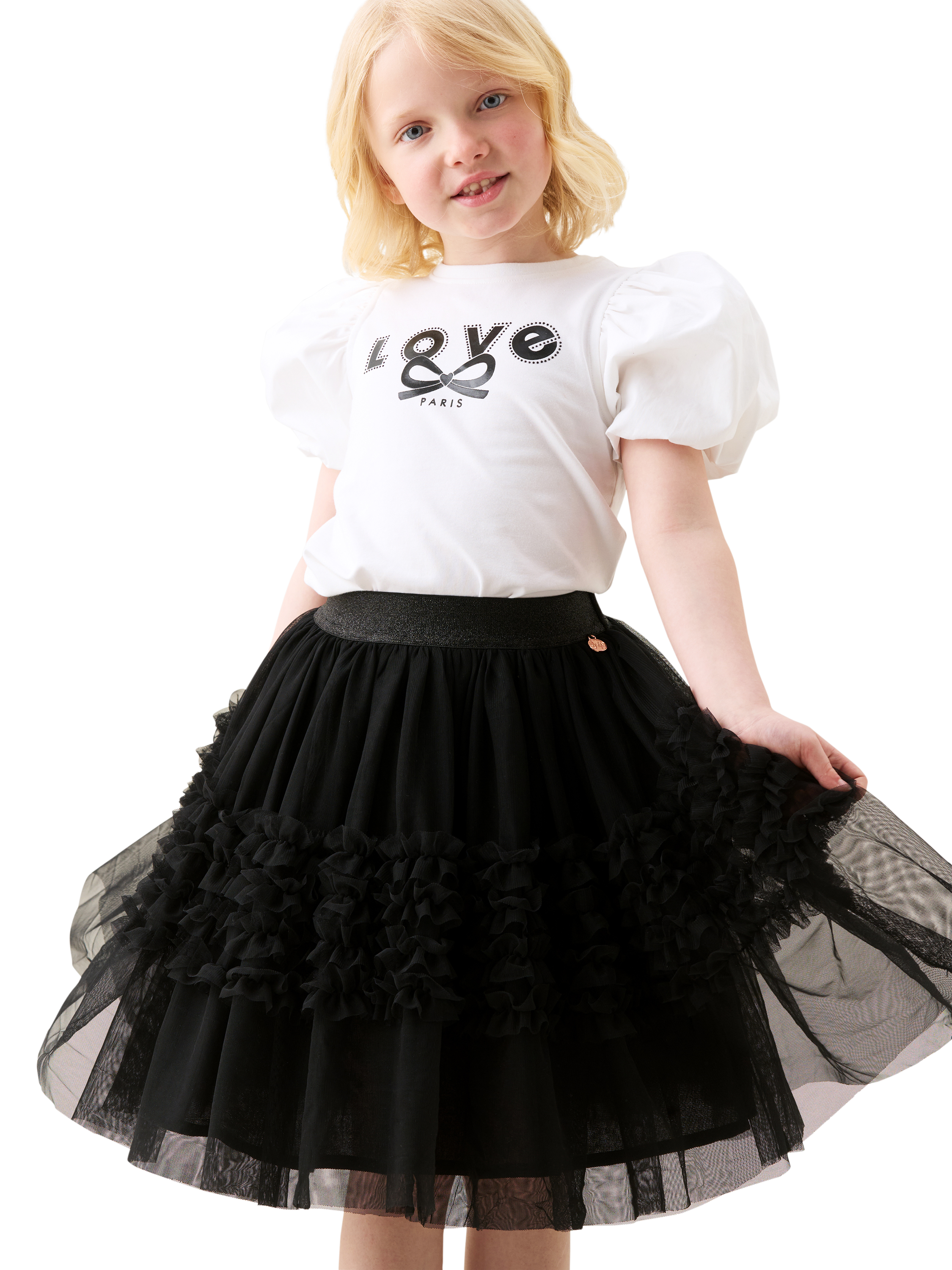 Product image 1 of 6, which shows Angel & Rocket Kids' Metallic Tiered Ruffle Mesh Skirt, Black, 3 years
