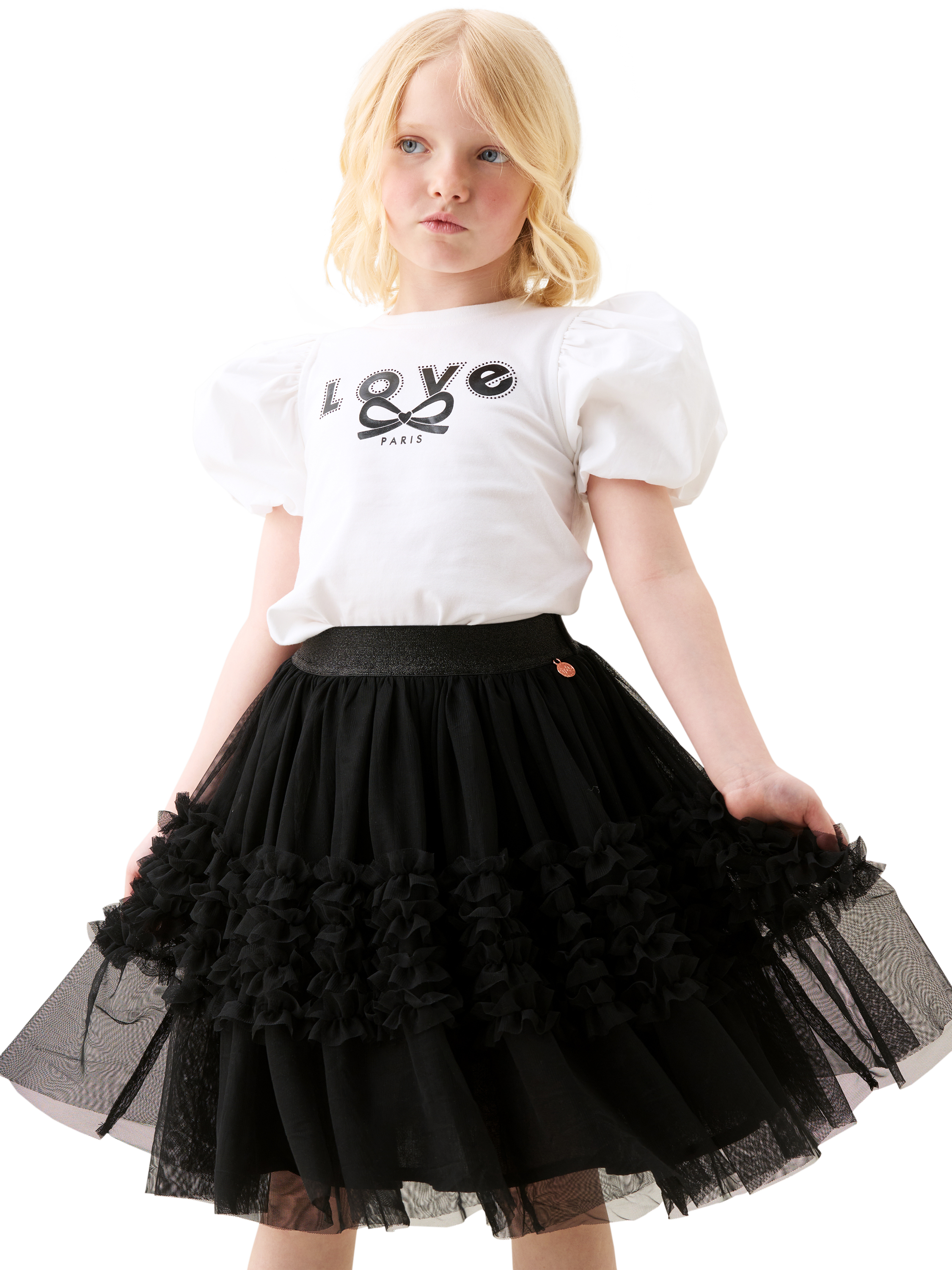 Product image 2 of 6, which shows Angel & Rocket Kids' Metallic Tiered Ruffle Mesh Skirt, Black, 3 years