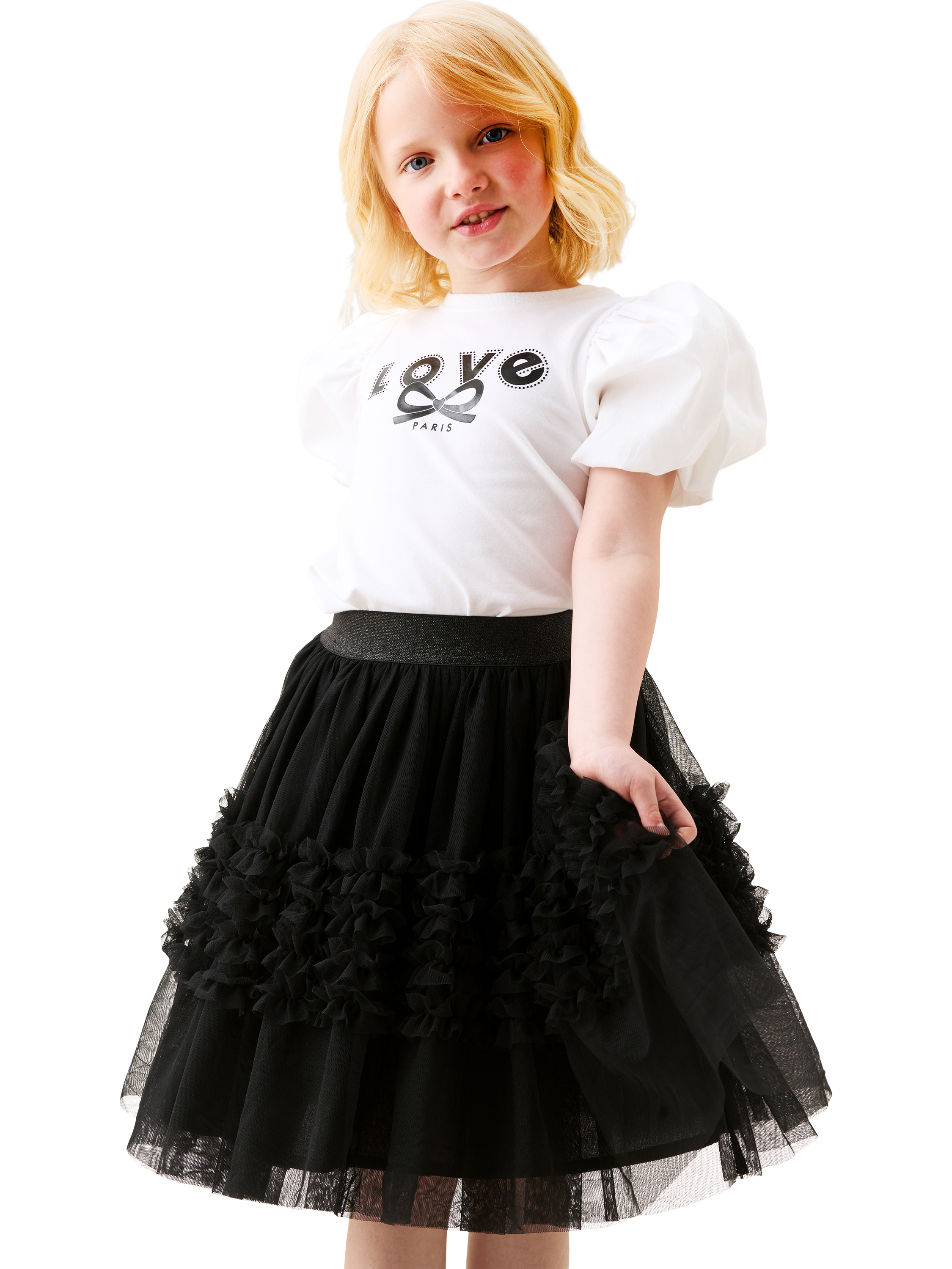 Product image 3 of 6, which shows Angel & Rocket Kids' Metallic Tiered Ruffle Mesh Skirt, Black, 3 years