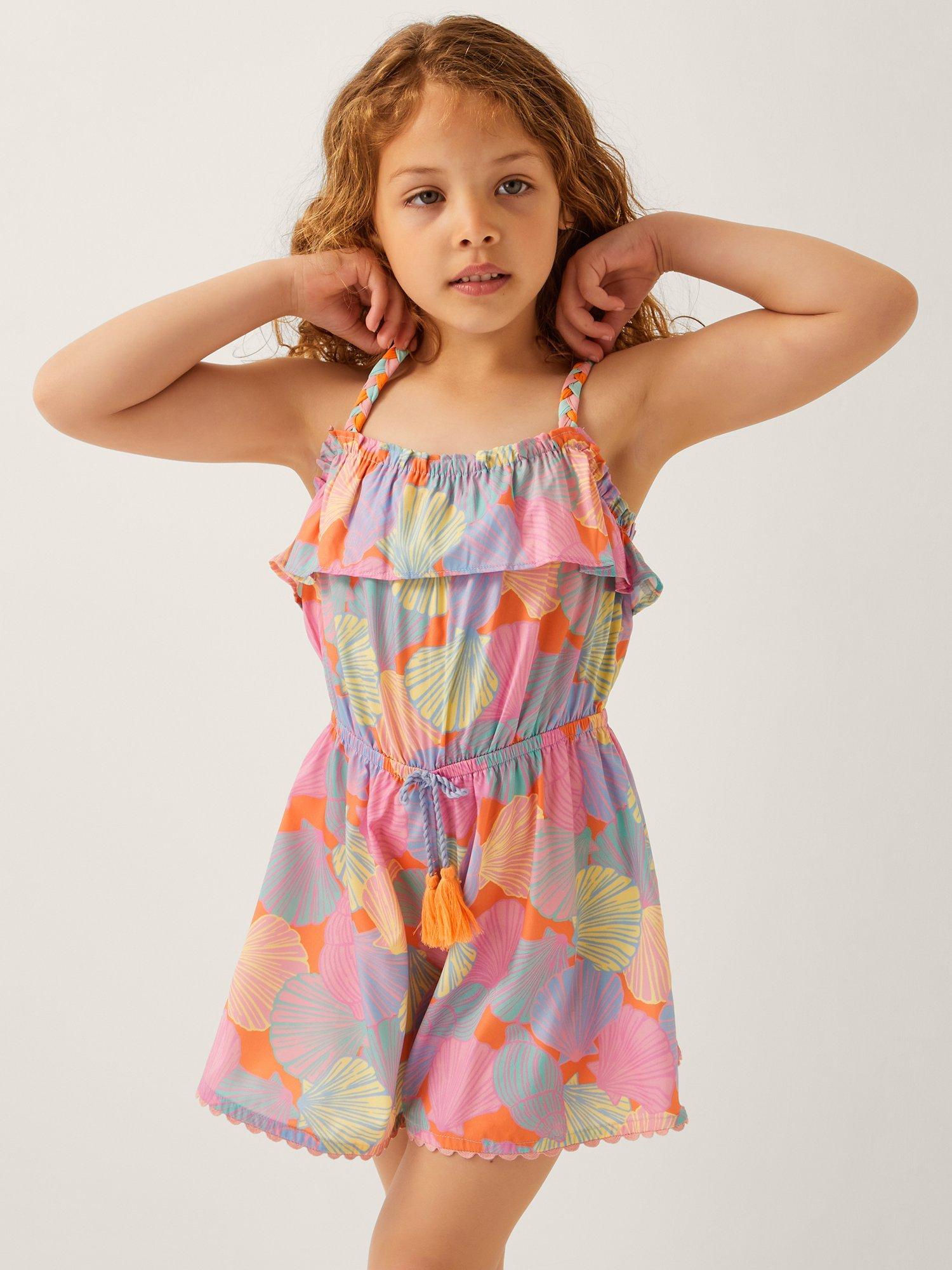 Product image 1 of 3, which shows Monsoon Kids' Sleeveless Drawstring Seashell Print Playsuit, Multi, 5-6 years