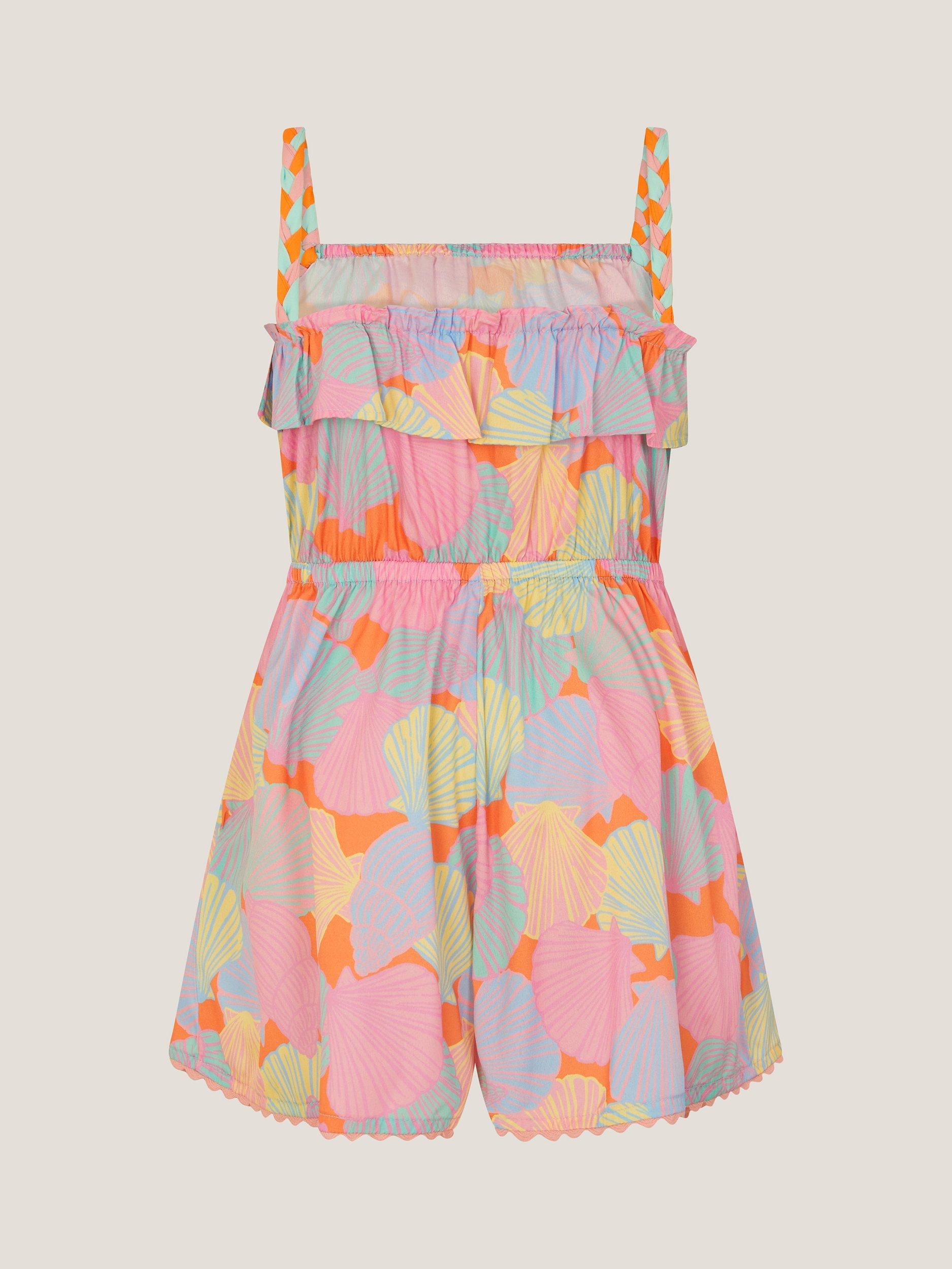 Product image 3 of 3, which shows Monsoon Kids' Sleeveless Drawstring Seashell Print Playsuit, Multi, 5-6 years