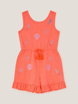 Monsoon Kids' Cotton Sealife Embroidered Playsuit Orange, Orange