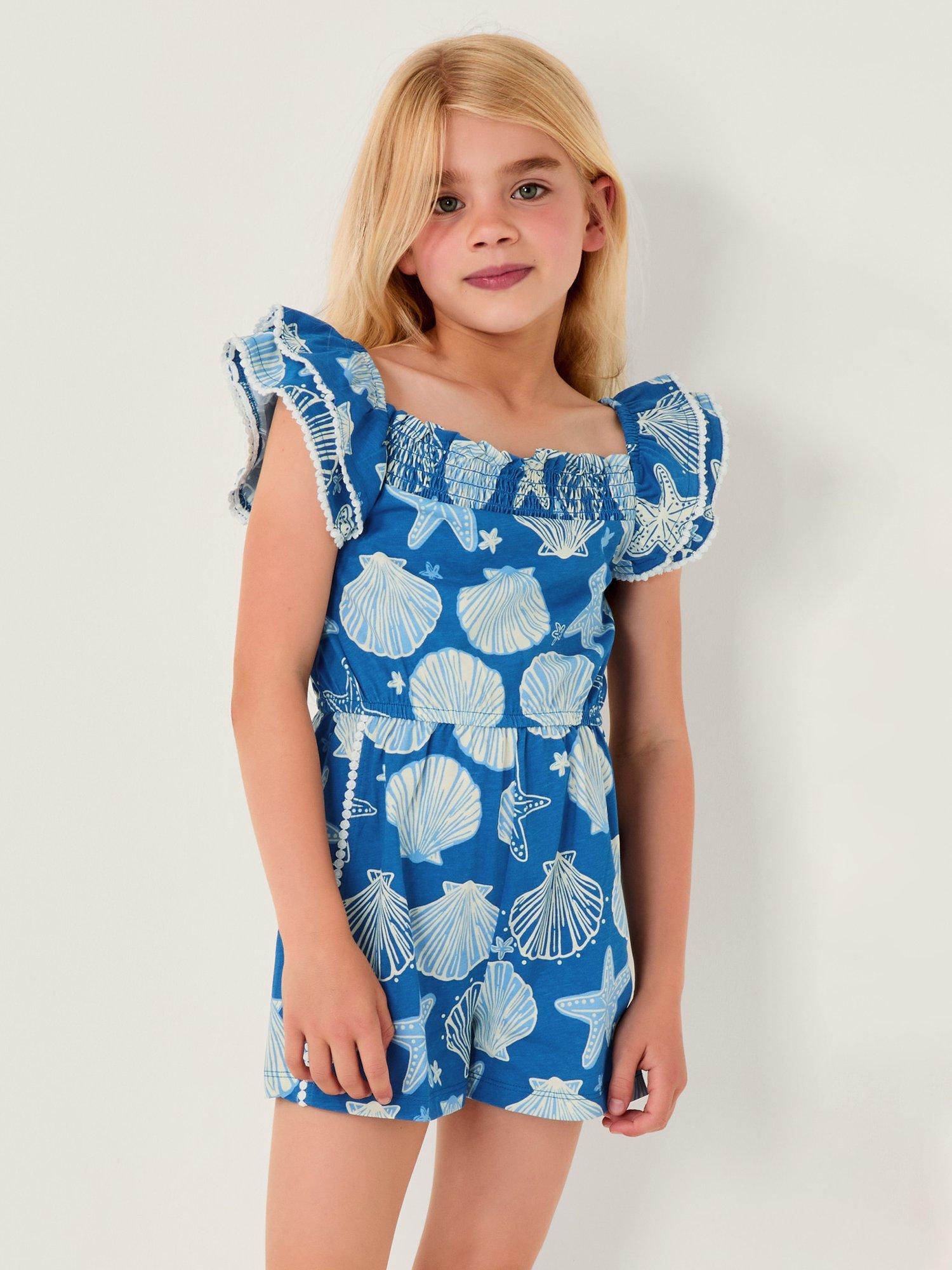 Product image 1 of 3, which shows Monsoon Kids' Jelly Haze Cotton Seashell Print Playsuit, Blue, 3-4 years