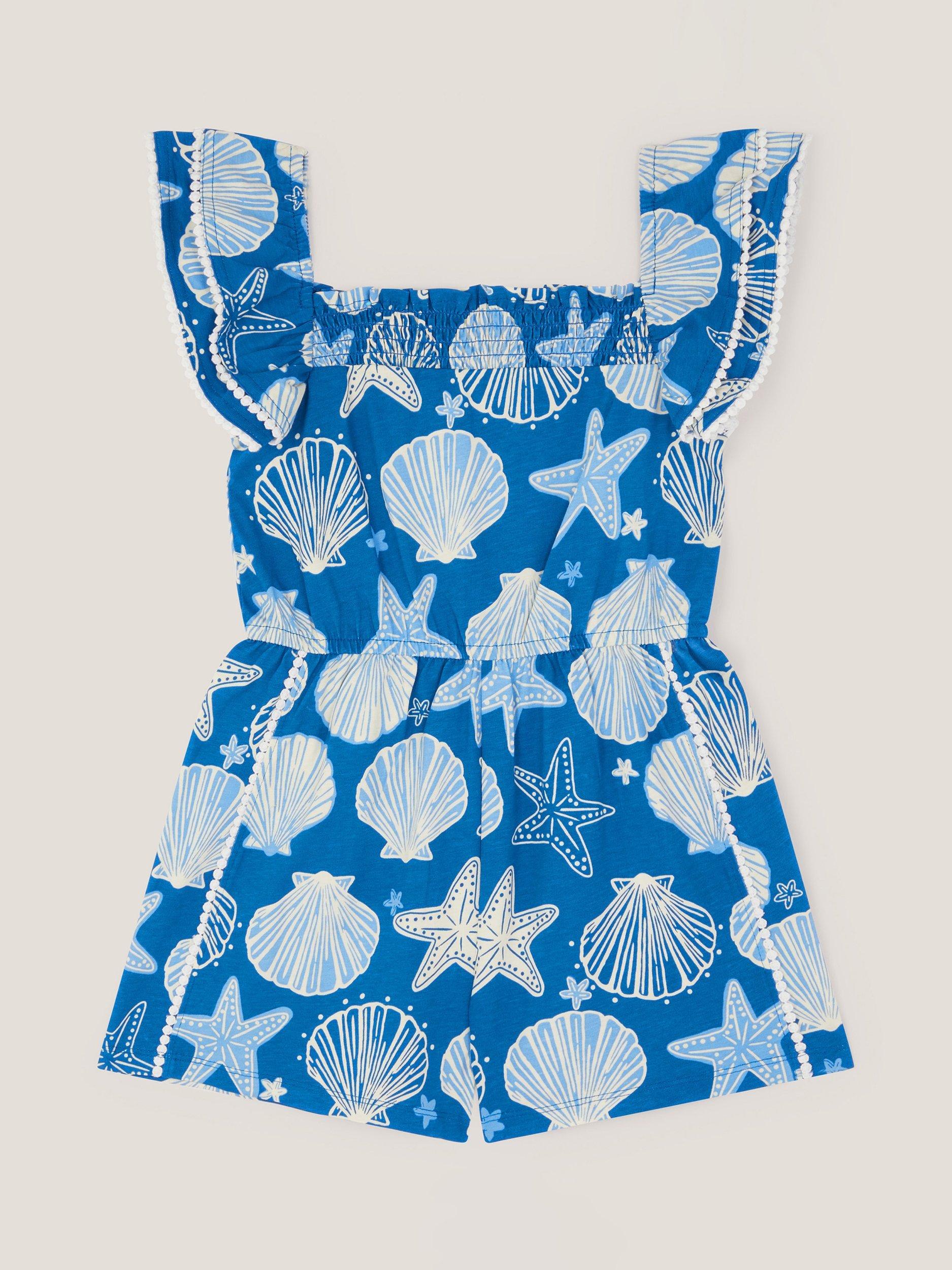 Product image 2 of 3, which shows Monsoon Kids' Jelly Haze Cotton Seashell Print Playsuit, Blue, 3-4 years
