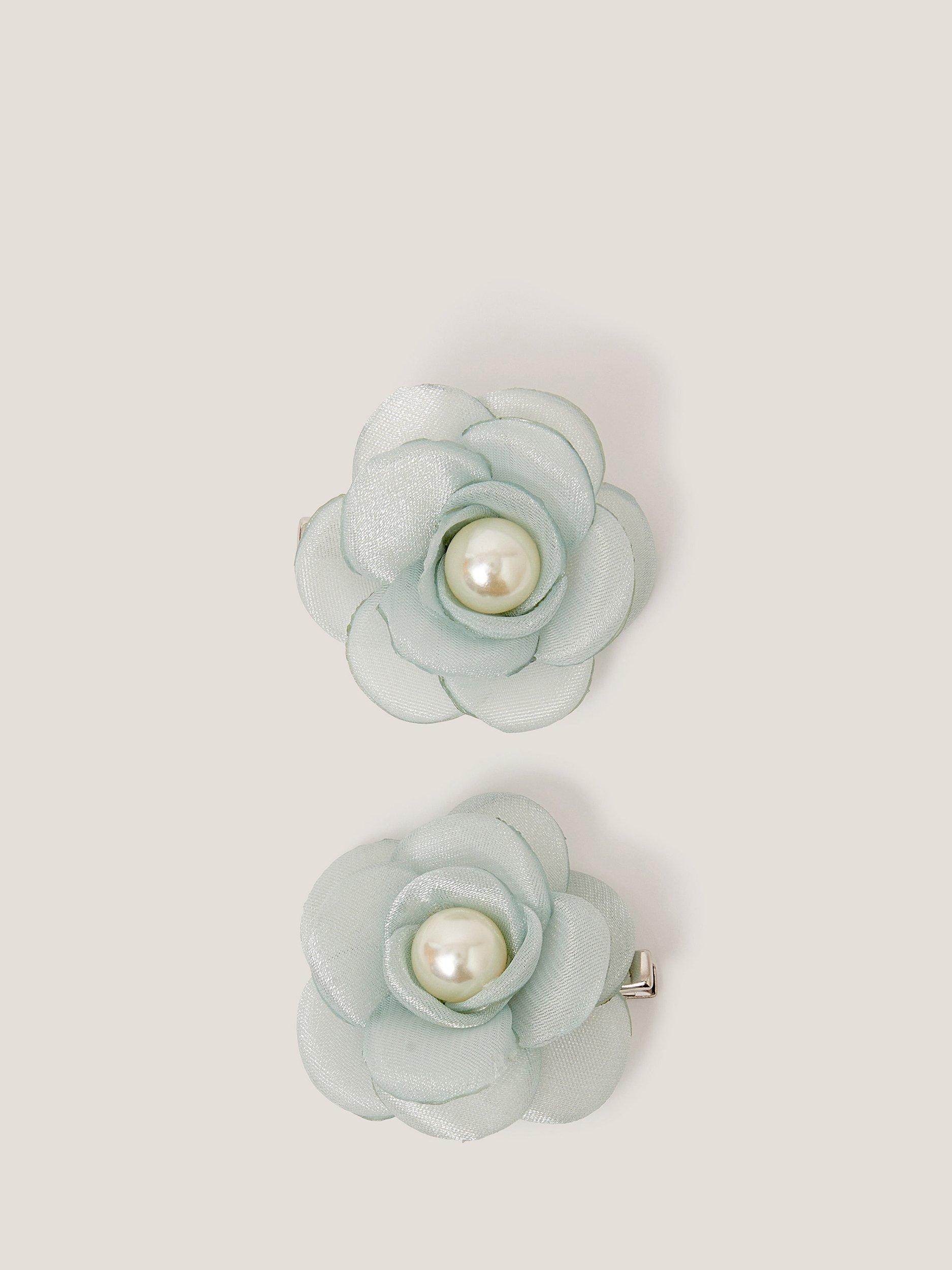 Product image 1 of 2, which shows Monsoon Kids' Pearl Flower Hair Clip Set, Pack of 2, Sage, One Size