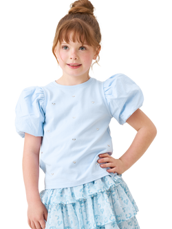 Angel & Rocket Kids' Cotton Blend Diamante Puff Sleeve Top, Blue, Blue