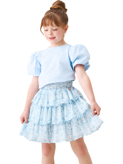 Angel & Rocket Kids' Cotton Blend Diamante Puff Sleeve Top, Blue - view 2, Blue