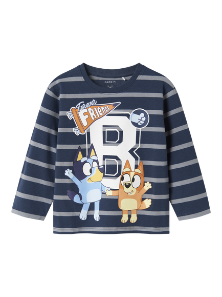 NAME IT Kids' Cotton Blend Long Sleeved Striped Bluey T-Shirt, Insignia Blue, Insignia Blue