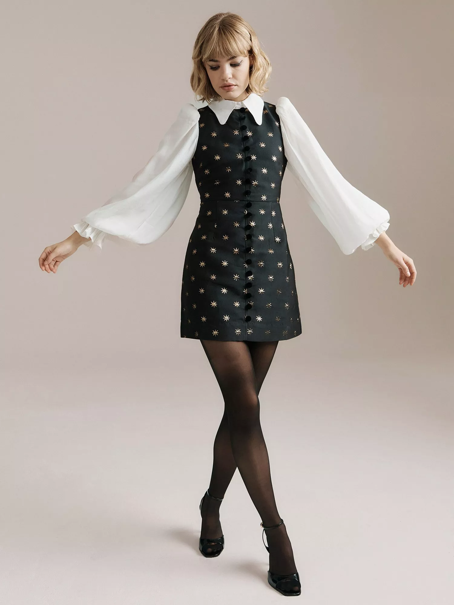 Queens of archive Mari Star Brocade Mini Dress, Black/Gold/White