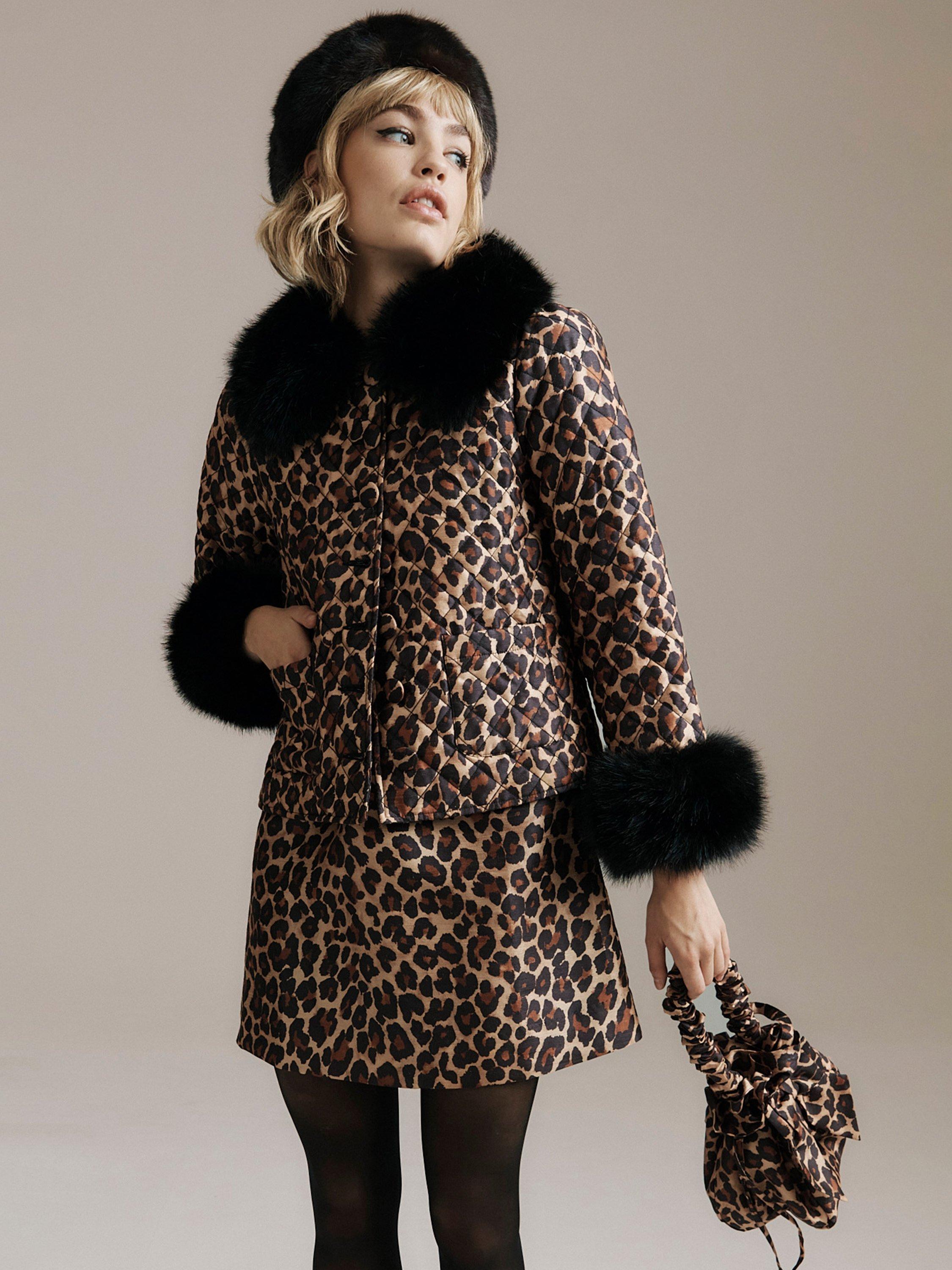 Queens of archive Violet Leopard Print Quilted Jacket, Brown Multi