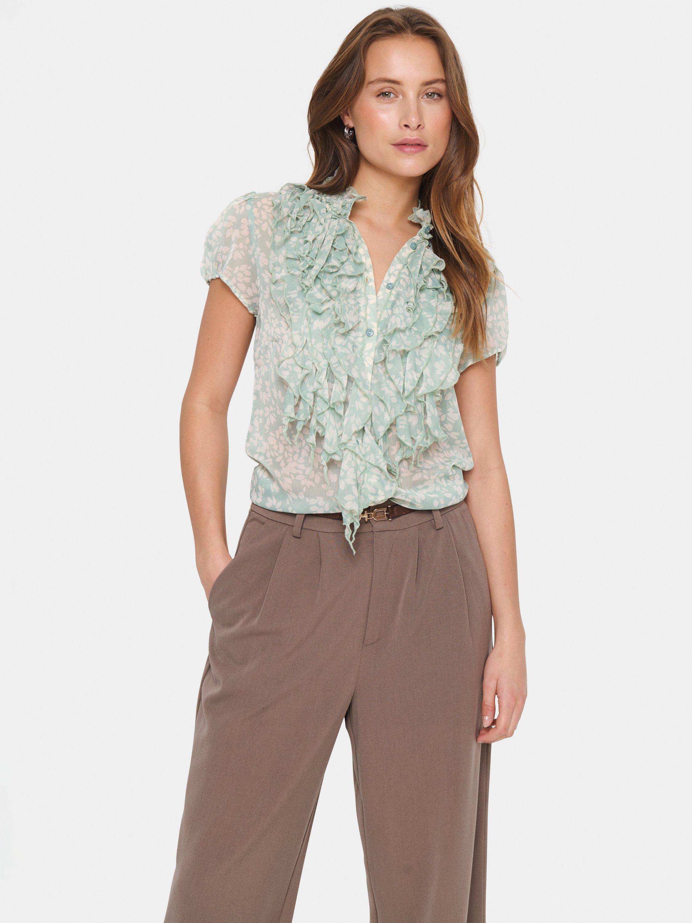 Product image 1 of 6, which shows Saint Tropez Lilja Floral Print Ruffle Shirt, Blue/Multi, XS