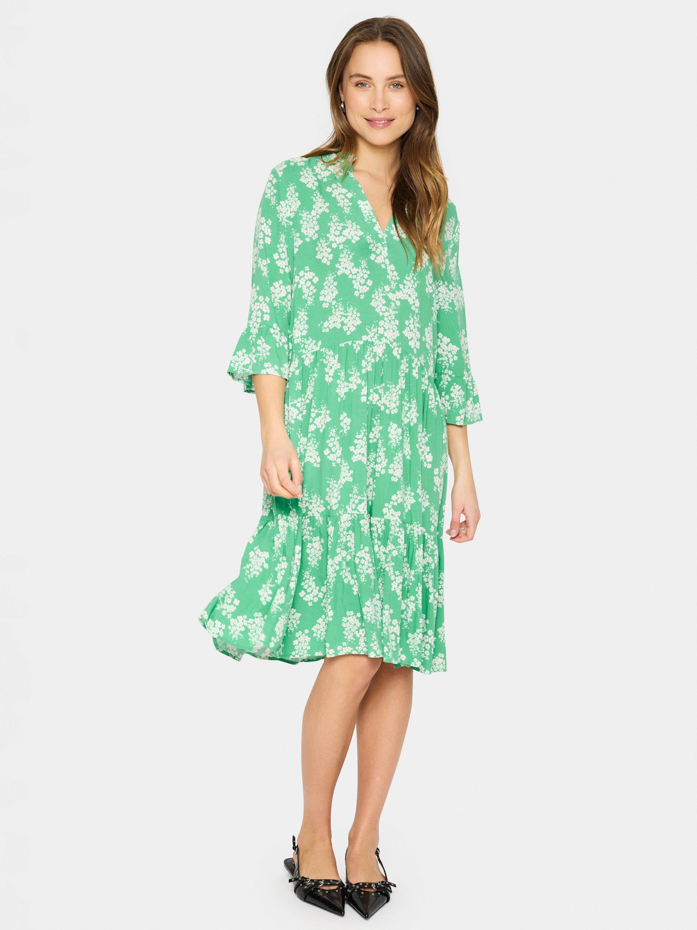 Product image 3 of 6, which shows Saint Tropez EdaSZ V-Neck 3/4 Sleeve Mixed Blend Midi Dress, Green/White, XS