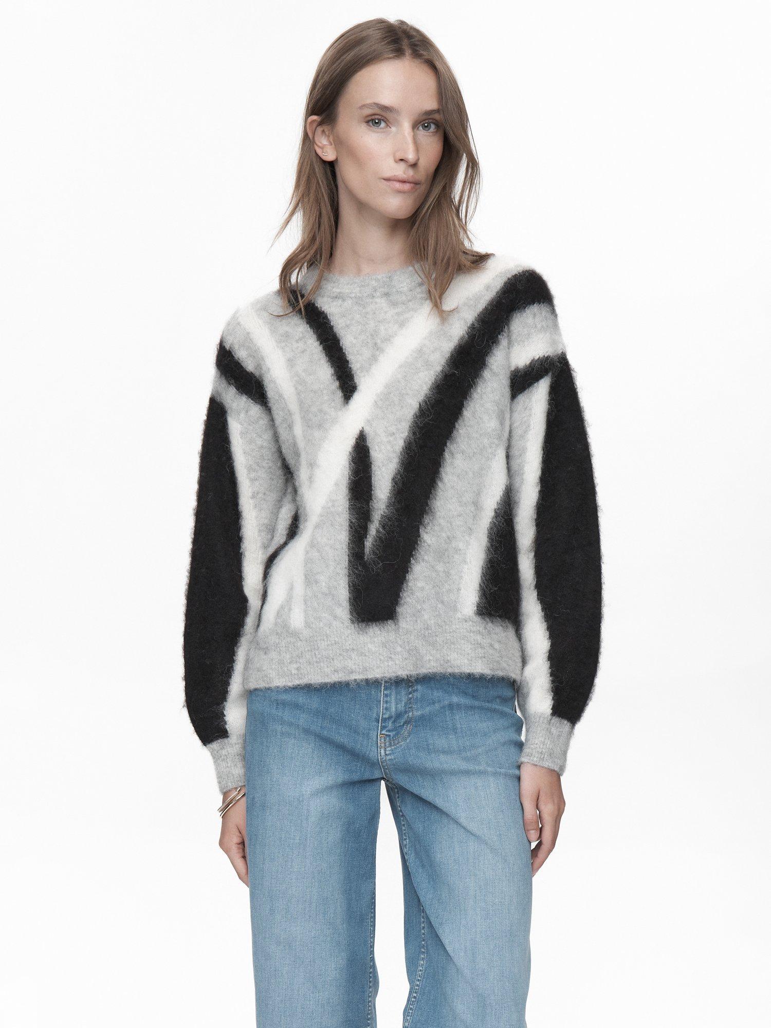 Product image 1 of 7, which shows Numph Suri Brushstroke Wool Rich Jumper, Grey/Black/White, XS