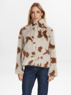 Numph Arizona Abstract Faux Fur Jacket, Beige/Brown, Beige/Brown