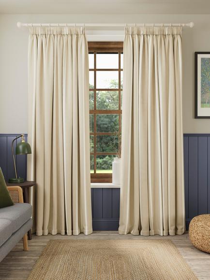 John Lewis Padstow Stripe Cotton Pair Lined Pencil Pleat Curtains, Putty - view 2, Putty
