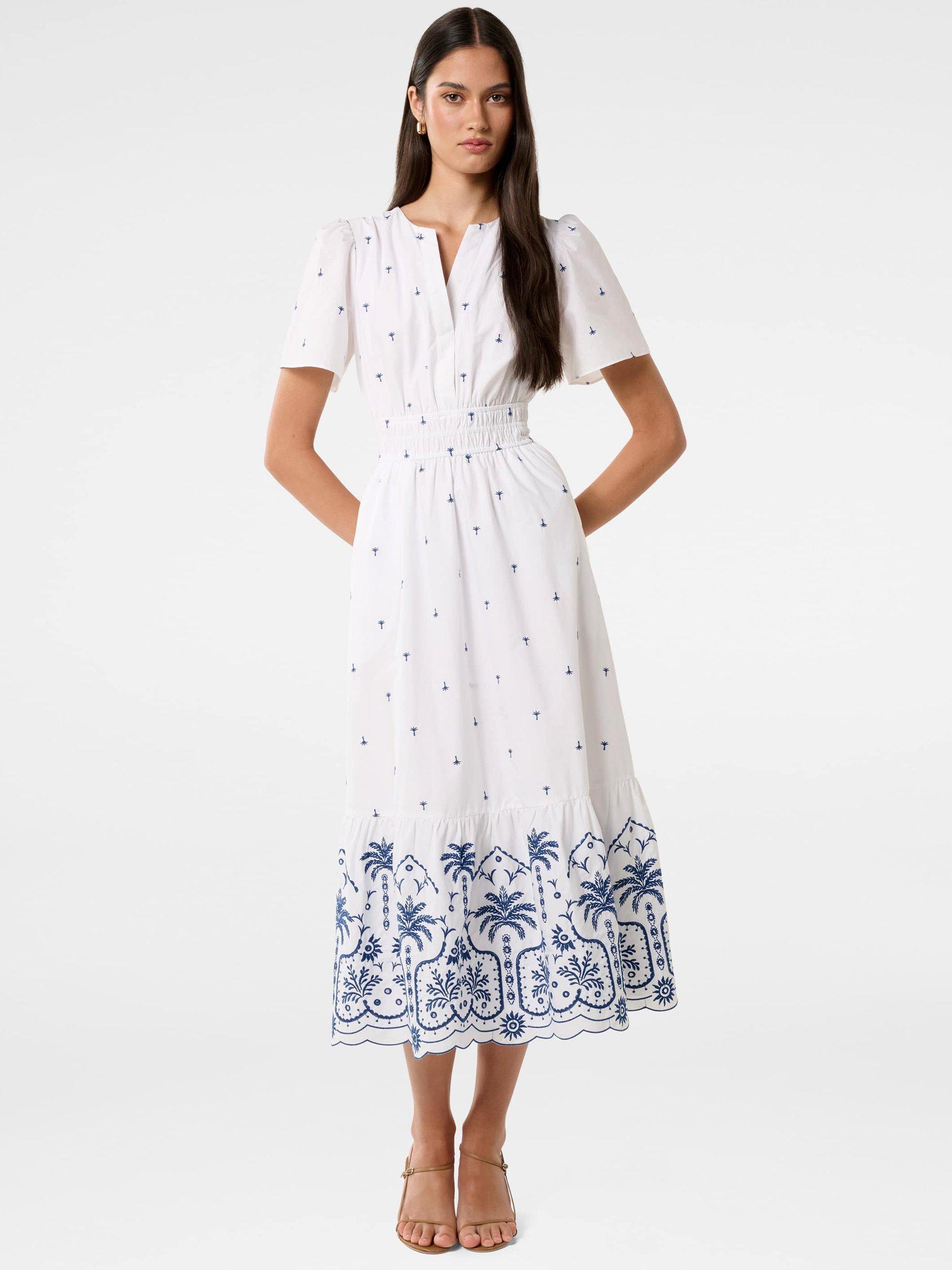 Product image 1 of 5, which shows Forever New Eleanor Embroidered Midi Dress, White/Blue, 4