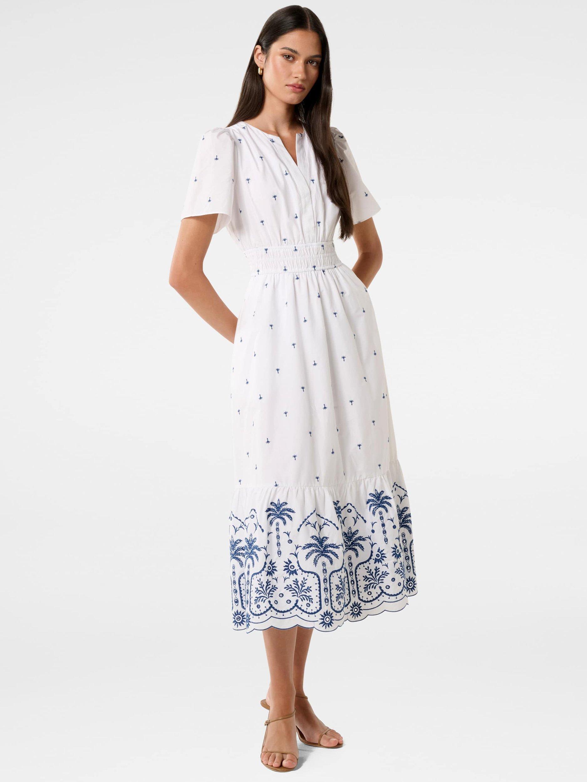 Product image 3 of 5, which shows Forever New Eleanor Embroidered Midi Dress, White/Blue, 4