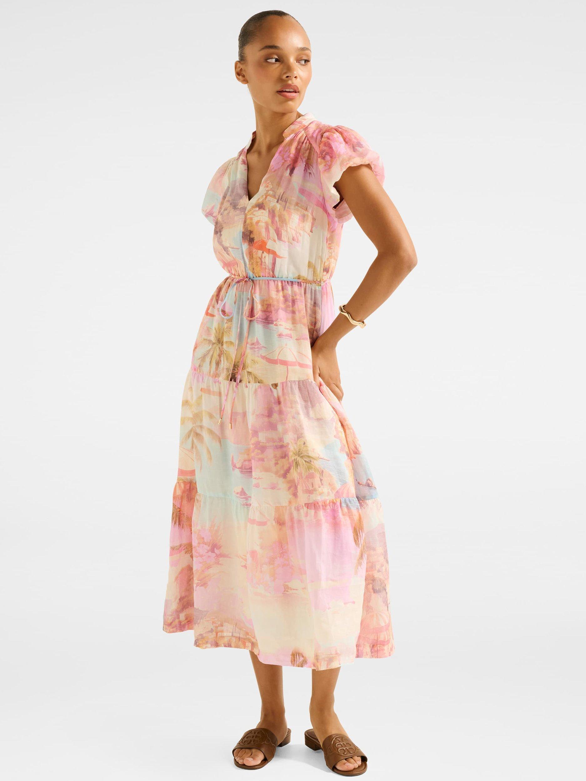 Product image 1 of 5, which shows Forever New Jacqueline Puff Sleeve Tiered Midi Dress, Italian Holiday, 4