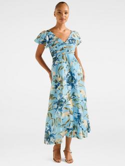 Forever New June Floral Ruched Midi Dress, Blue/Multi, Blue/Multi