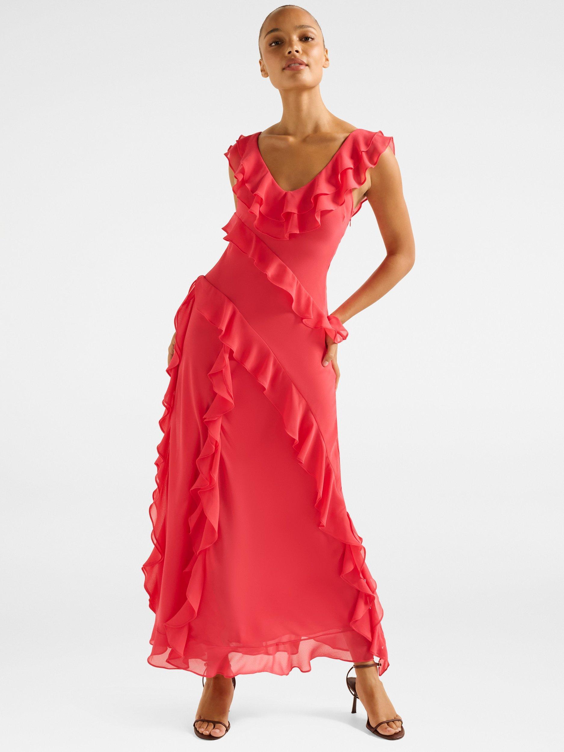 Product image 1 of 4, which shows Forever New Olive Ruffle Maxi Dress, Hot Pink, 4