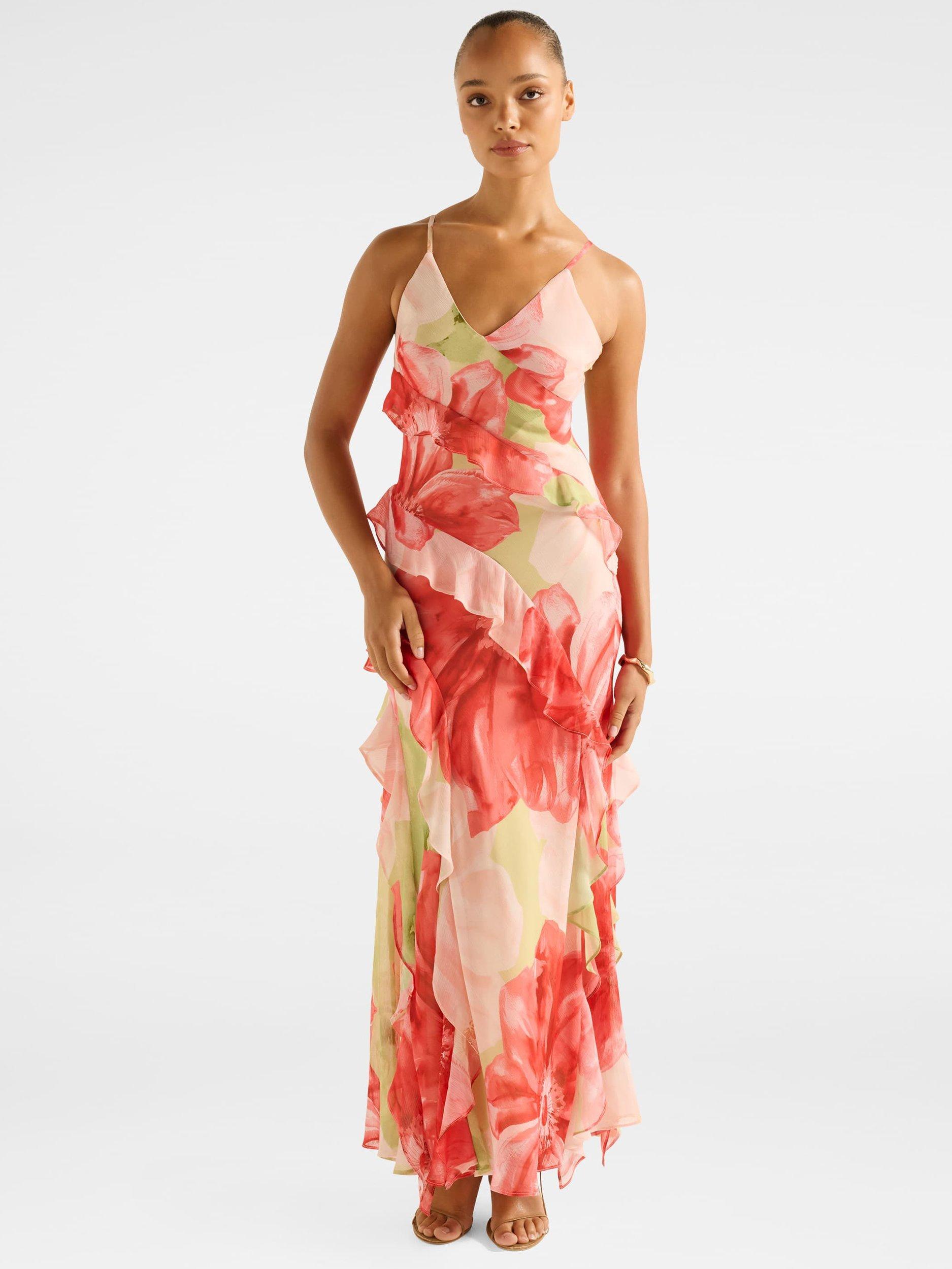 Product image 1 of 4, which shows Forever New Poppy Ruffle Maxi Dress, Coral Amara, 4