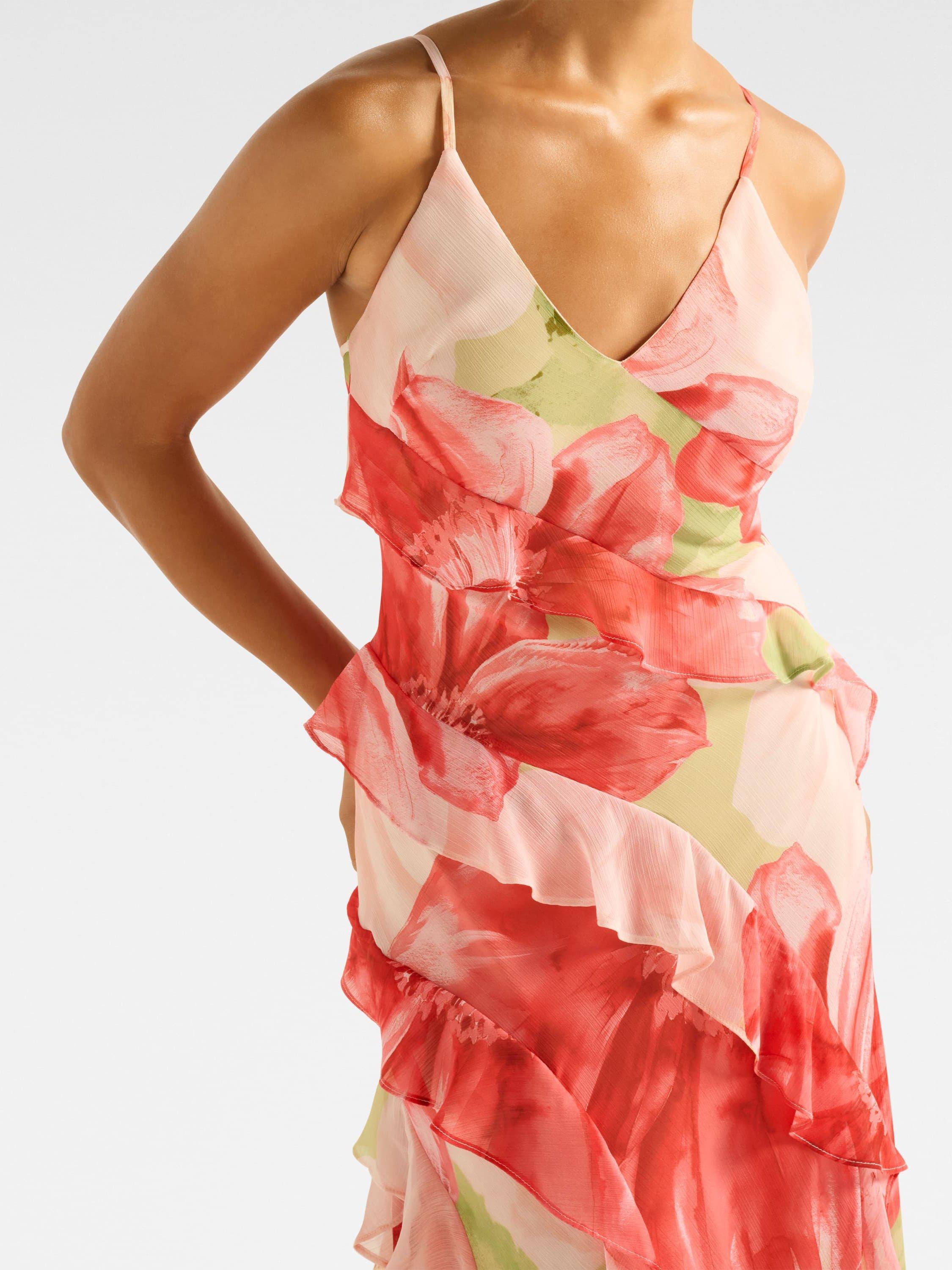 Product image 4 of 4, which shows Forever New Poppy Ruffle Maxi Dress, Coral Amara, 4