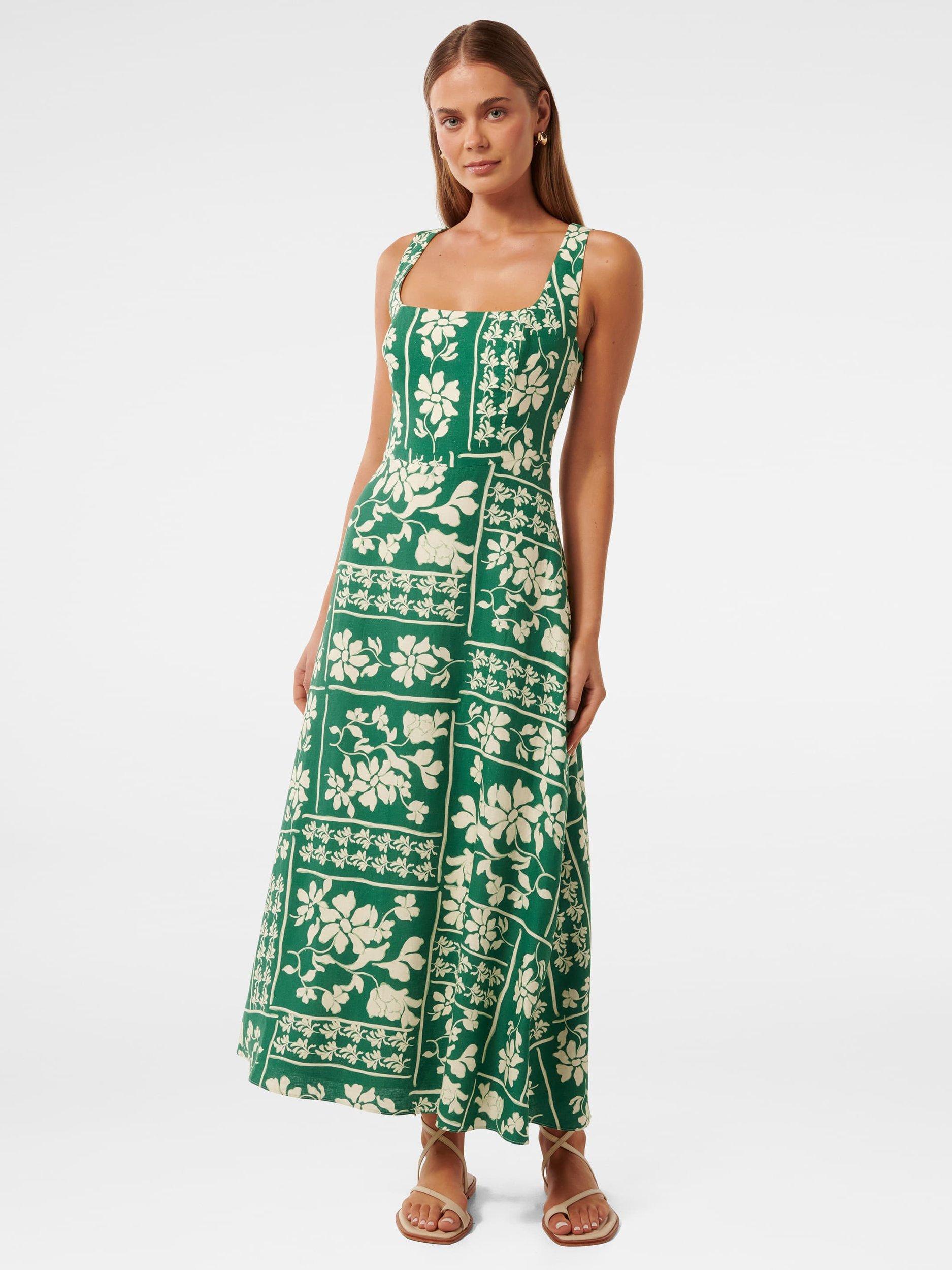 Product image 1 of 4, which shows Forever New Tori Square Neck Linen Midi Dress, Lola Stencil Green, 4