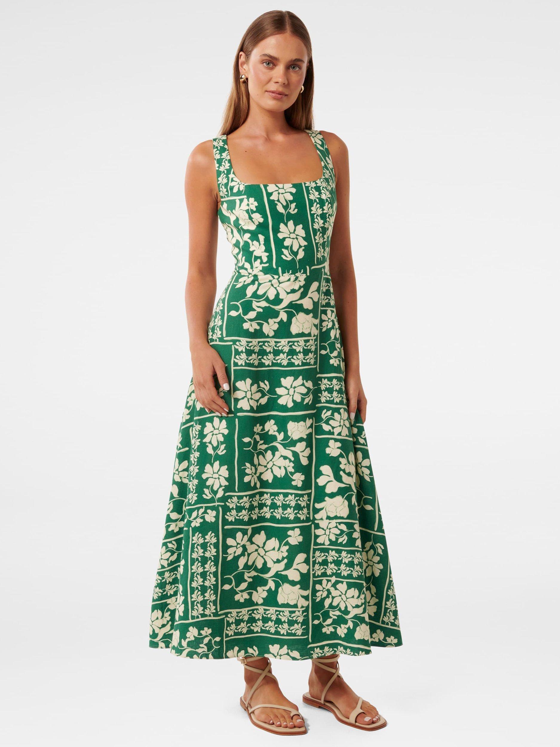 Product image 3 of 4, which shows Forever New Tori Square Neck Linen Midi Dress, Lola Stencil Green, 4