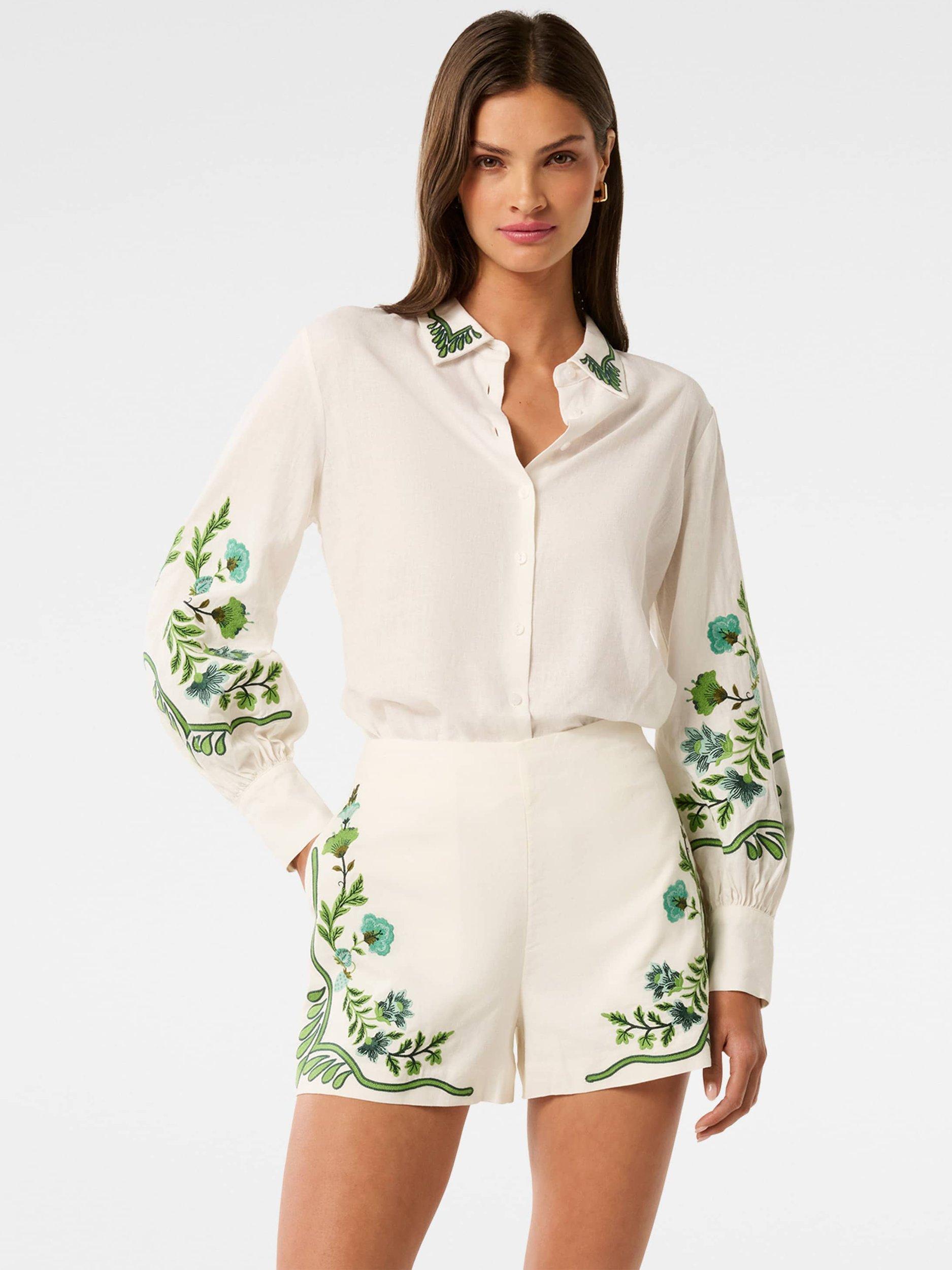Product image 1 of 5, which shows Forever New Rosalia Embroidered Long Sleeve Shirt, Green Livia, 4