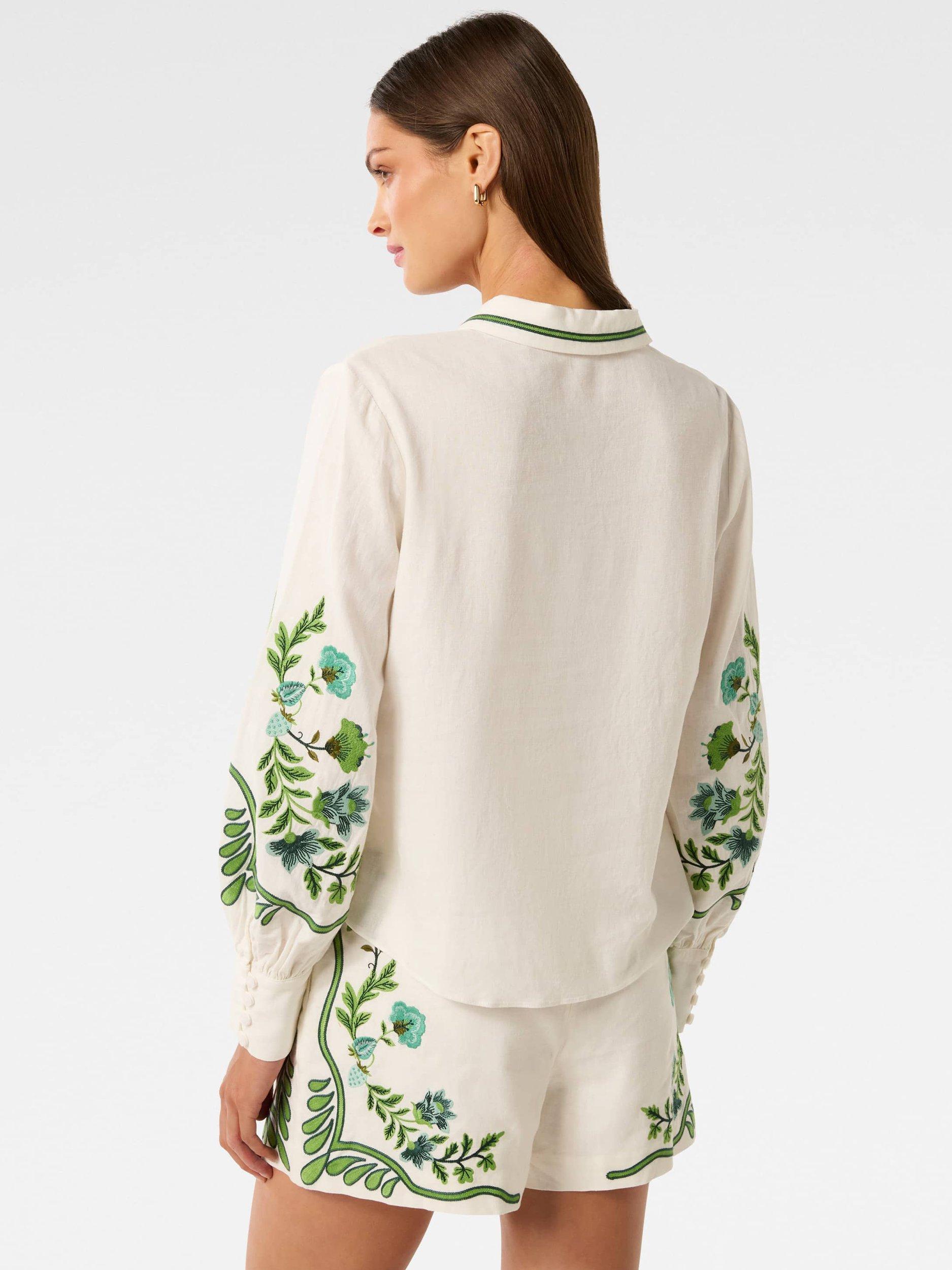 Product image 2 of 5, which shows Forever New Rosalia Embroidered Long Sleeve Shirt, Green Livia, 4