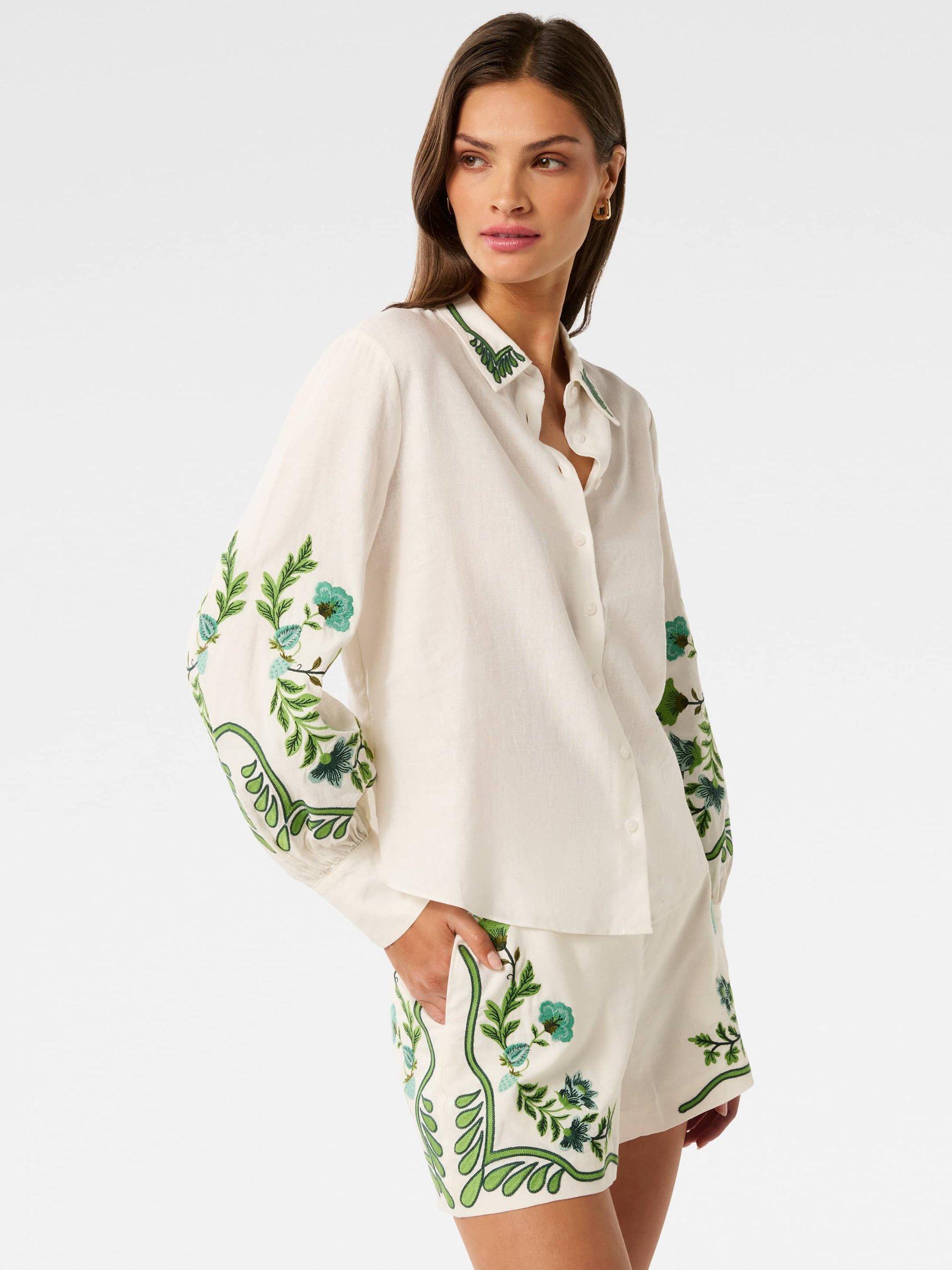 Product image 3 of 5, which shows Forever New Rosalia Embroidered Long Sleeve Shirt, Green Livia, 4