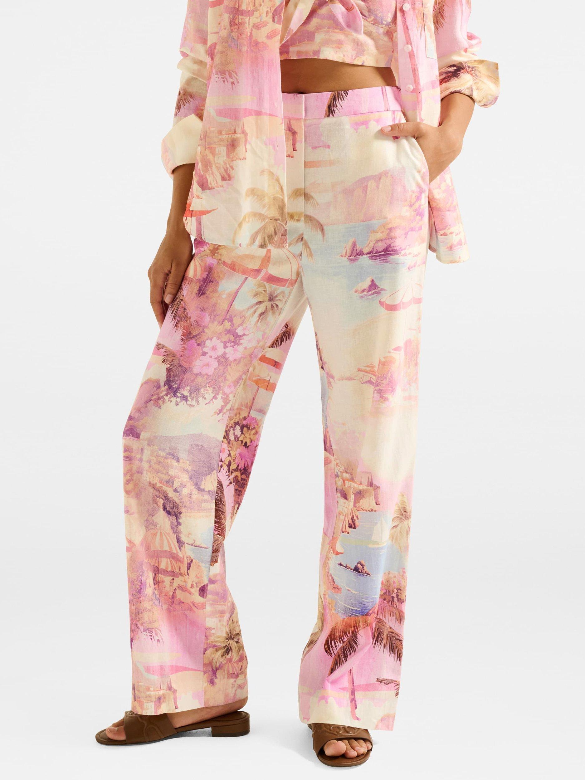Product image 1 of 5, which shows Forever New Miley Linen Blend Wide Leg Trousers, Pink/Multi, 4