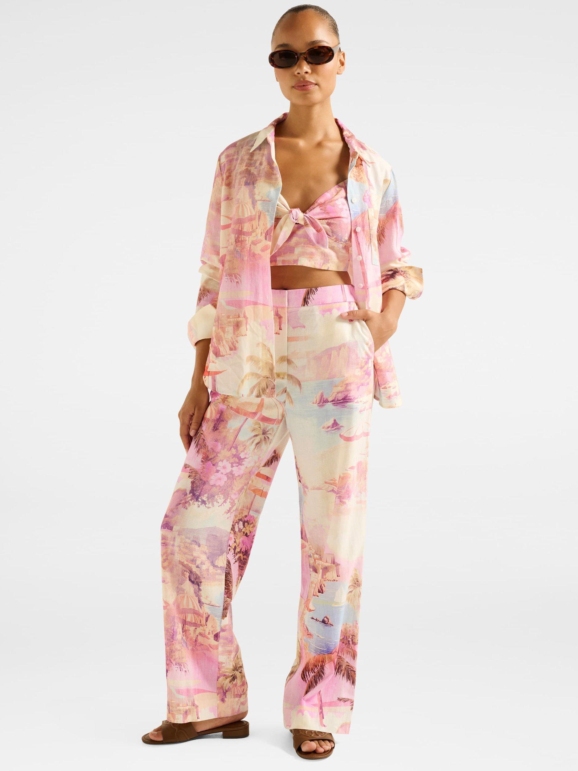 Product image 5 of 5, which shows Forever New Miley Linen Blend Wide Leg Trousers, Pink/Multi, 4