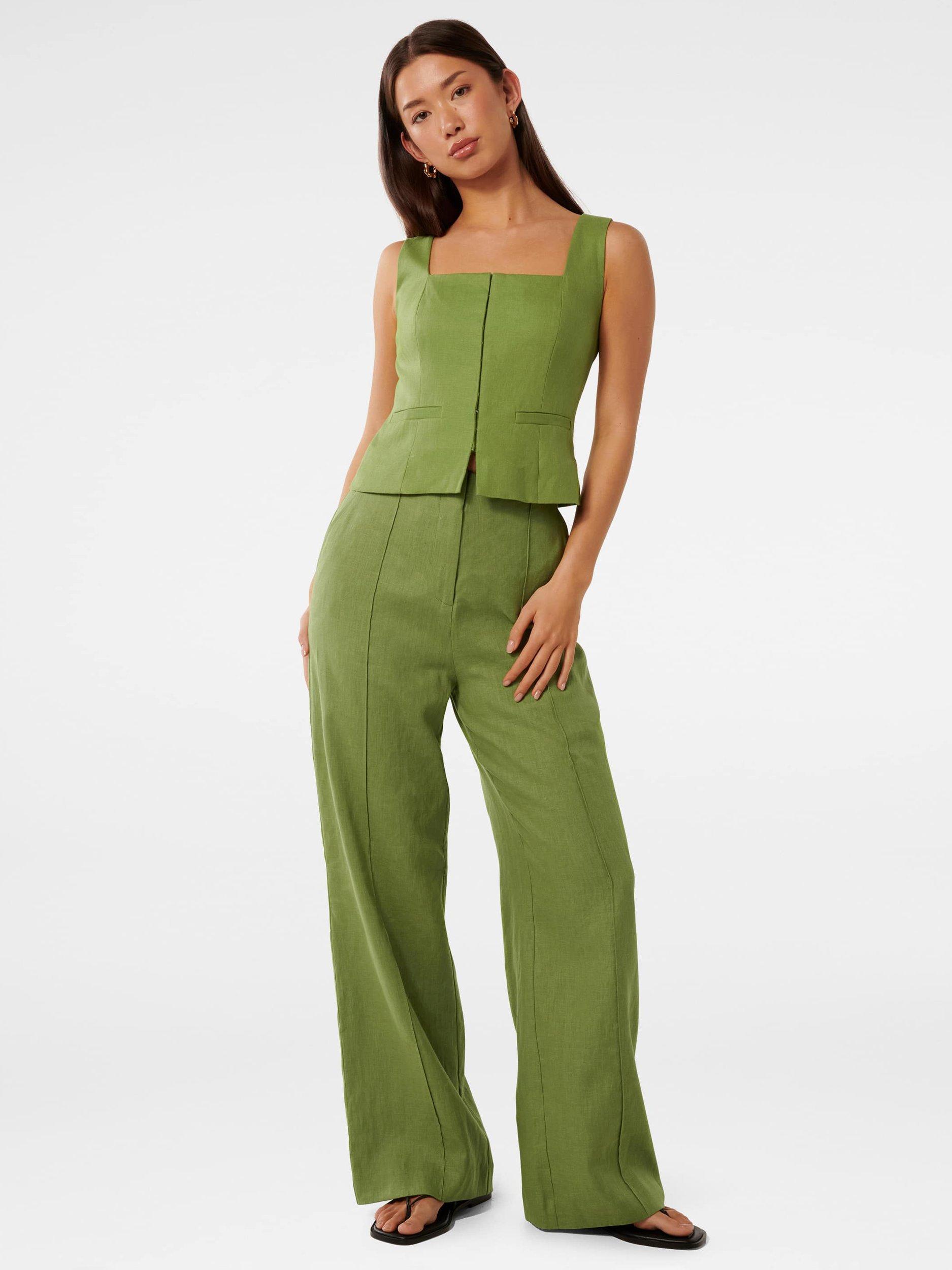 Product image 5 of 5, which shows Forever New Posey Wide Leg Pure Linen Trousers, Green, 4