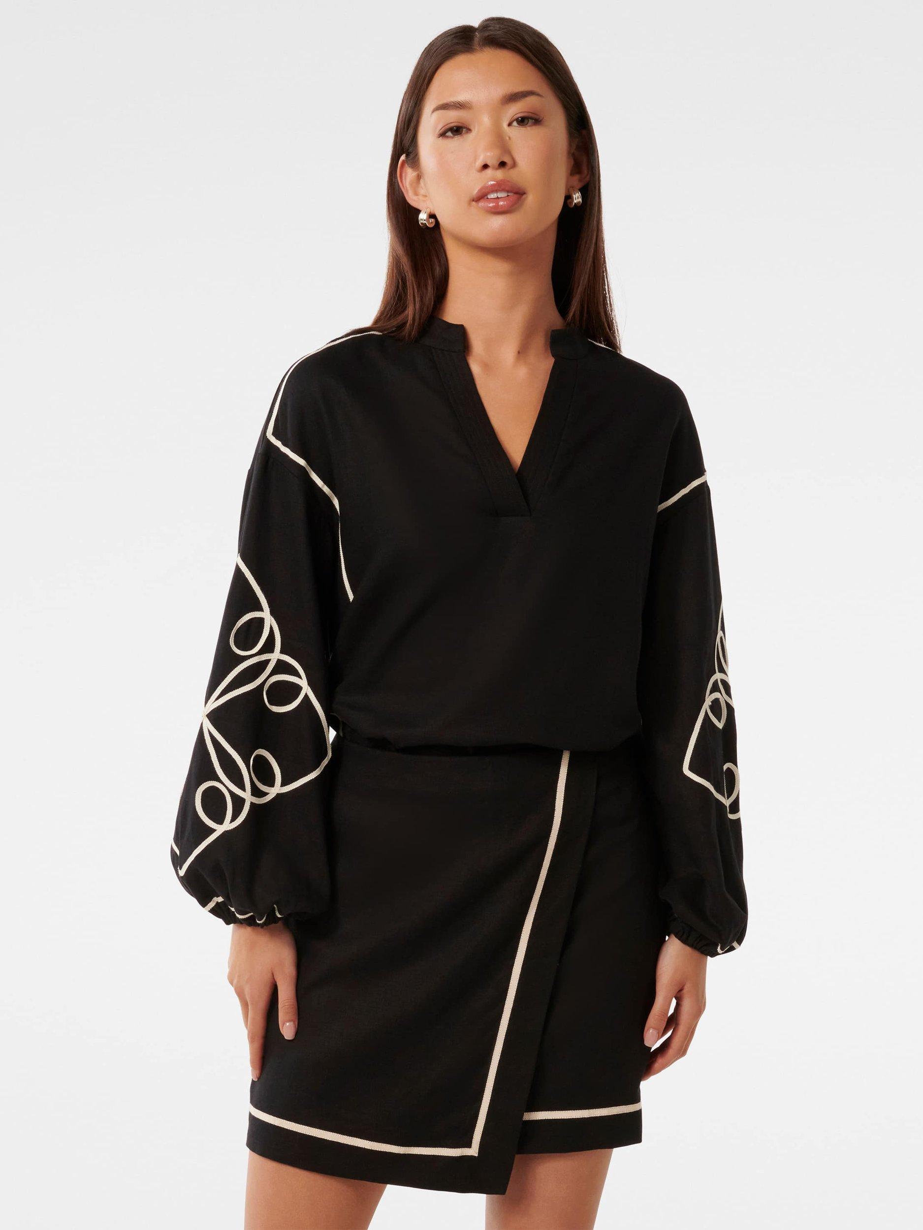 Product image 1 of 5, which shows Forever New Claude Linen Blend Applique Detail Top, Black/Cream, 4