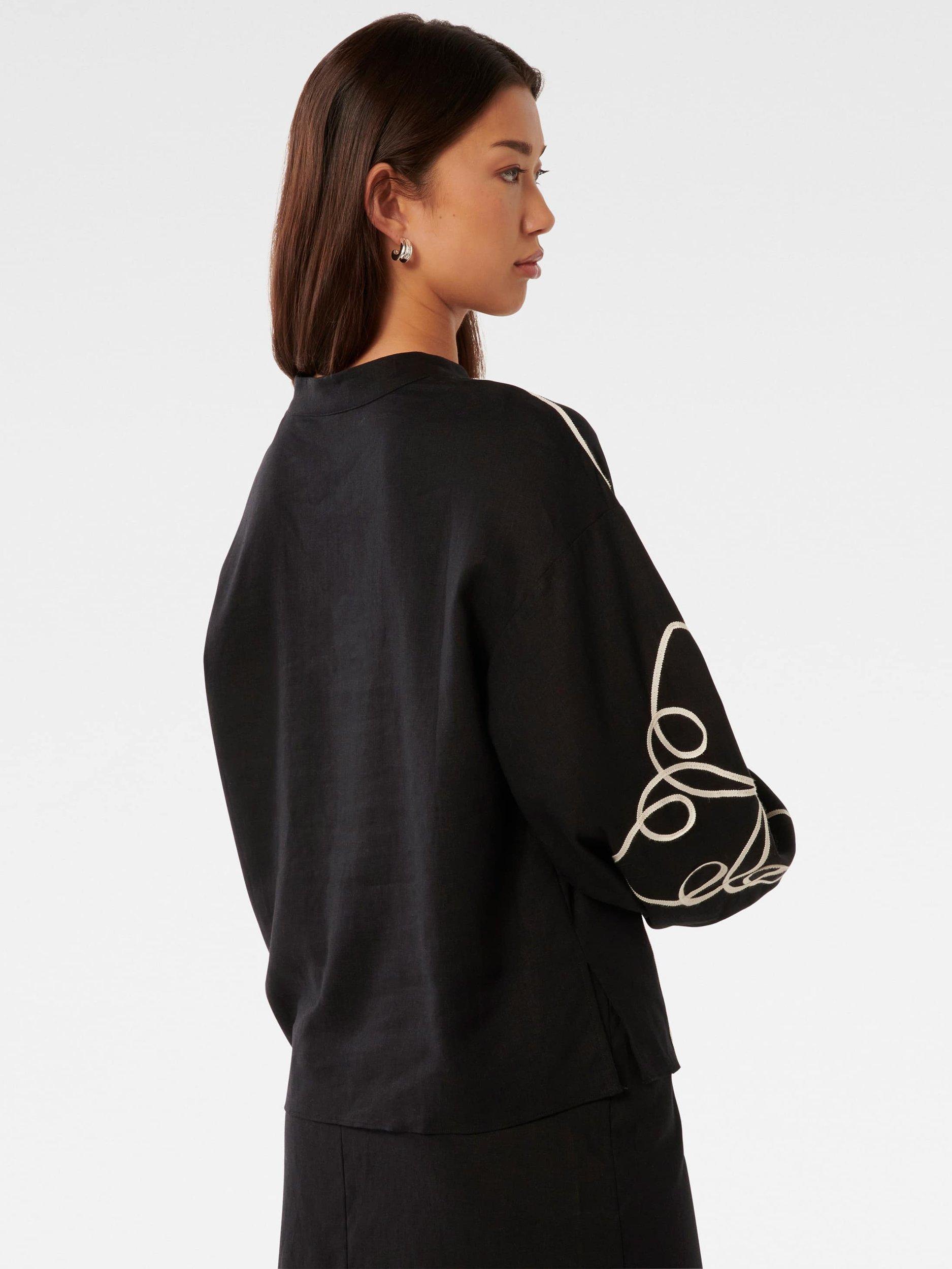 Product image 2 of 5, which shows Forever New Claude Linen Blend Applique Detail Top, Black/Cream, 4