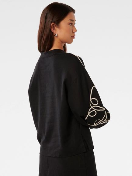 Forever New Claude Linen Blend Applique Detail Top, Black/Cream - view 2, Black/Cream