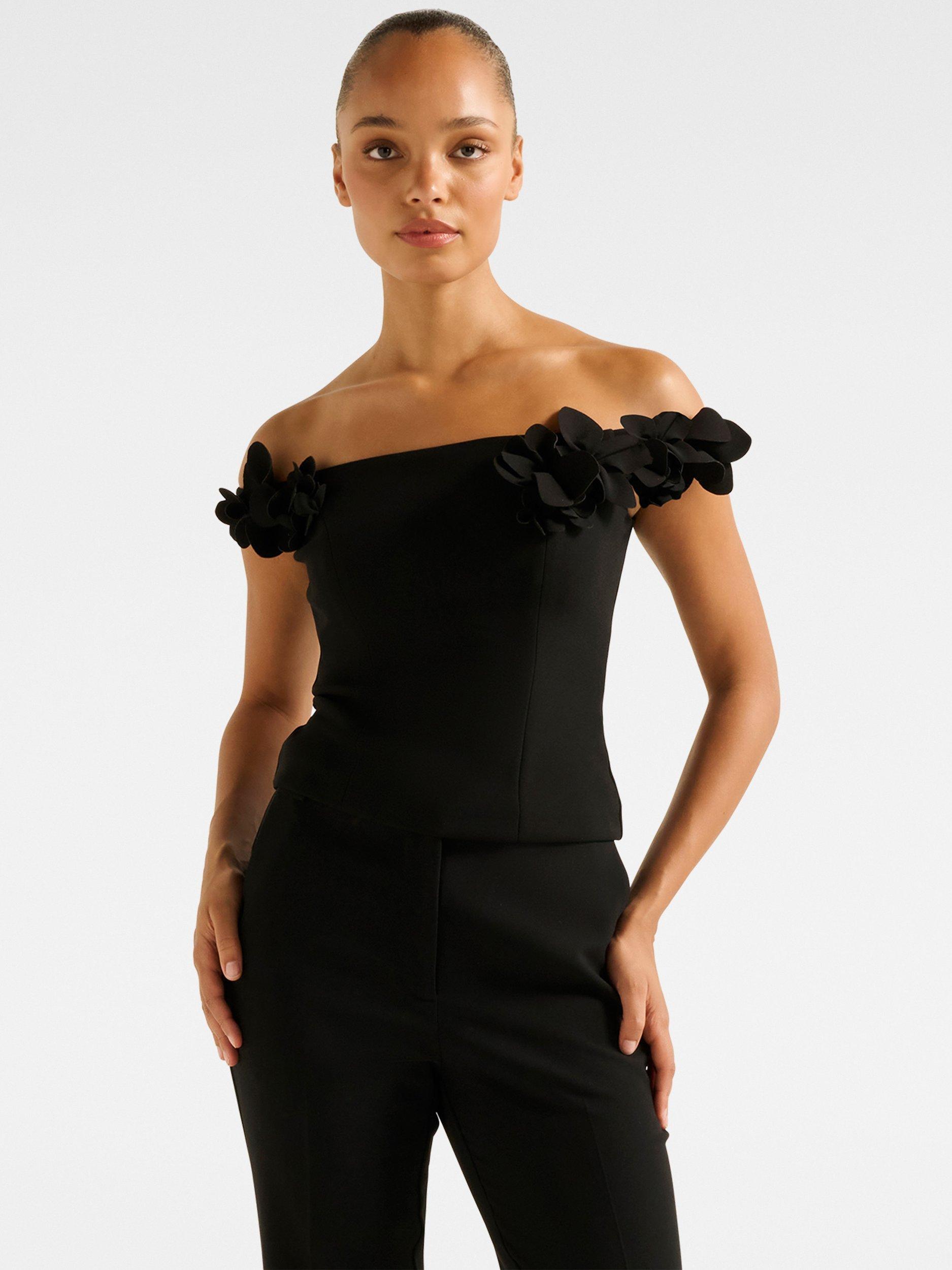 Product image 1 of 5, which shows Forever New Faye Applique Bardot Neck Top, Black, L